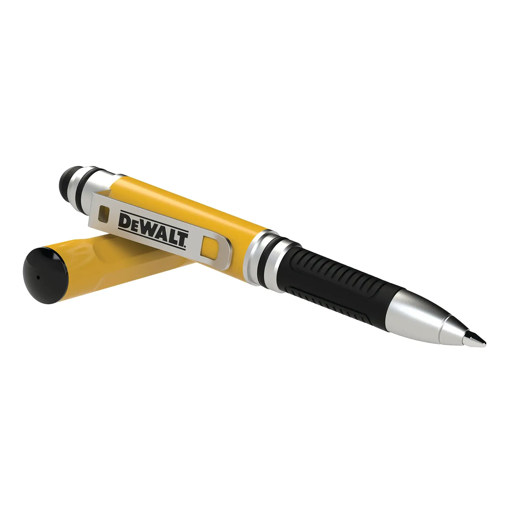 Uncapped DEWALT 3-in-1 stylus pocket pen featuring a touchscreen stylus, ballpoint pen, and nylon tap-tip.