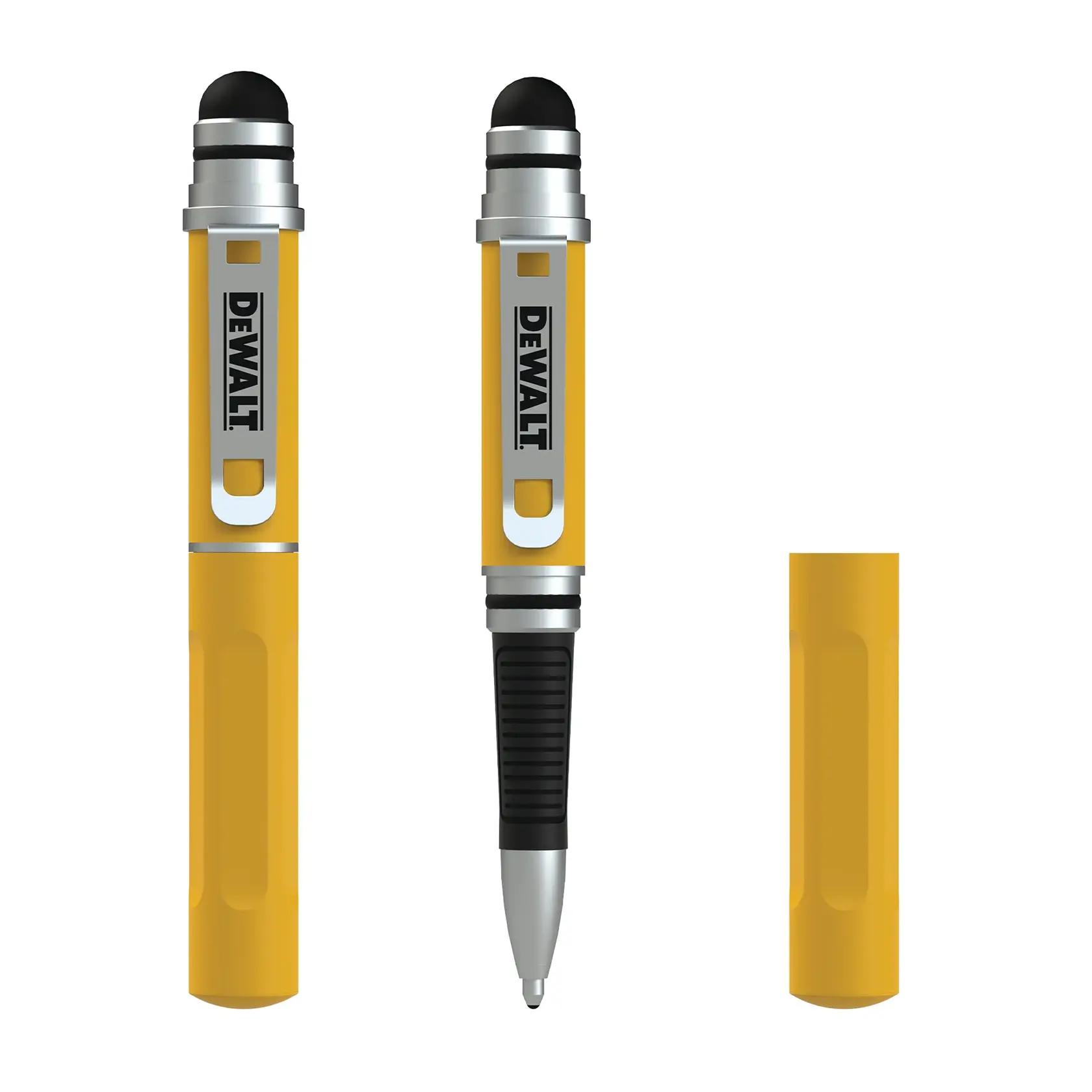 Side-by-side shot of two DEWALT pens, one capped and the other not, showcasing the compact 4” size.