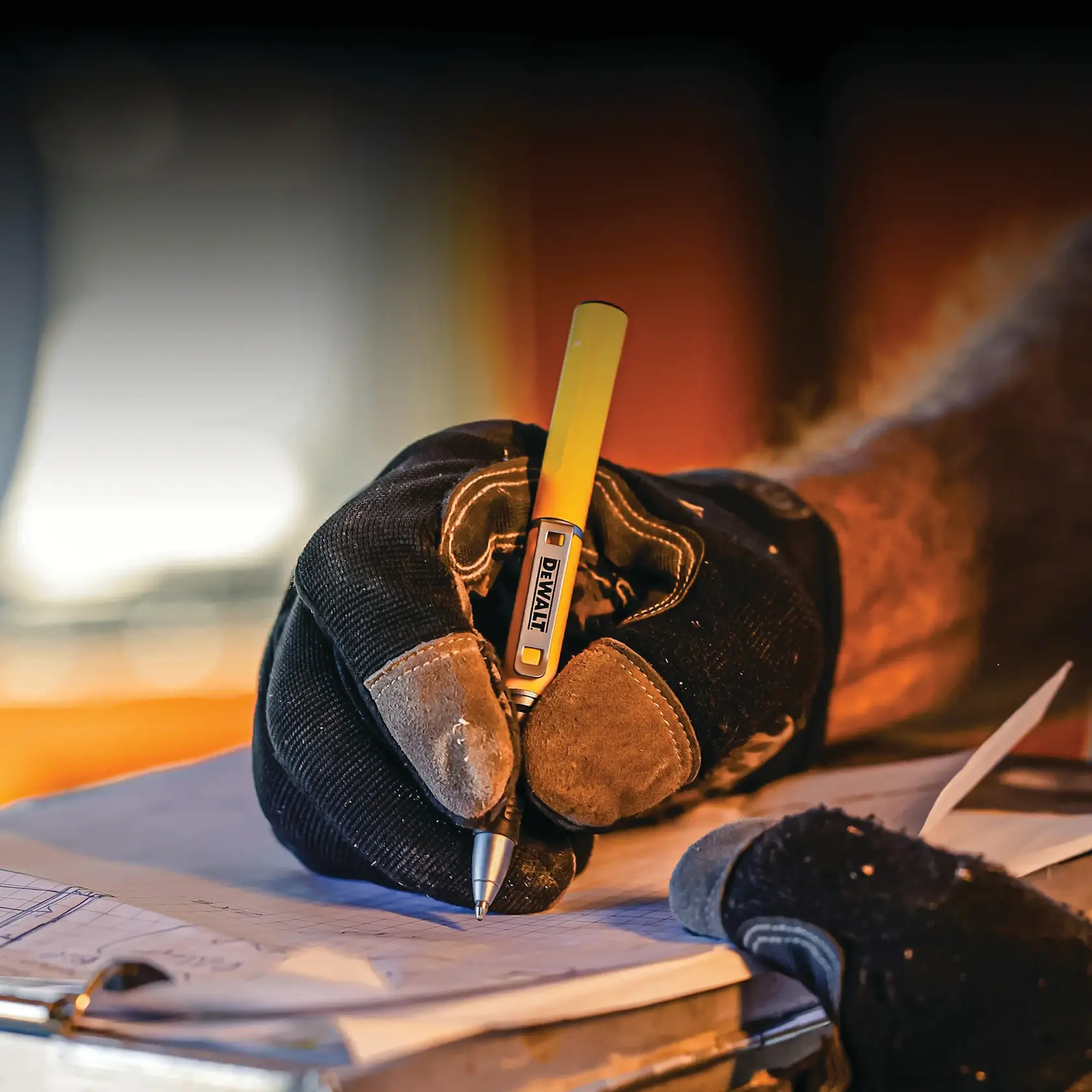 In-use on the jobsite of the pen showing its multifunctionality with a ballpoint writing tip.