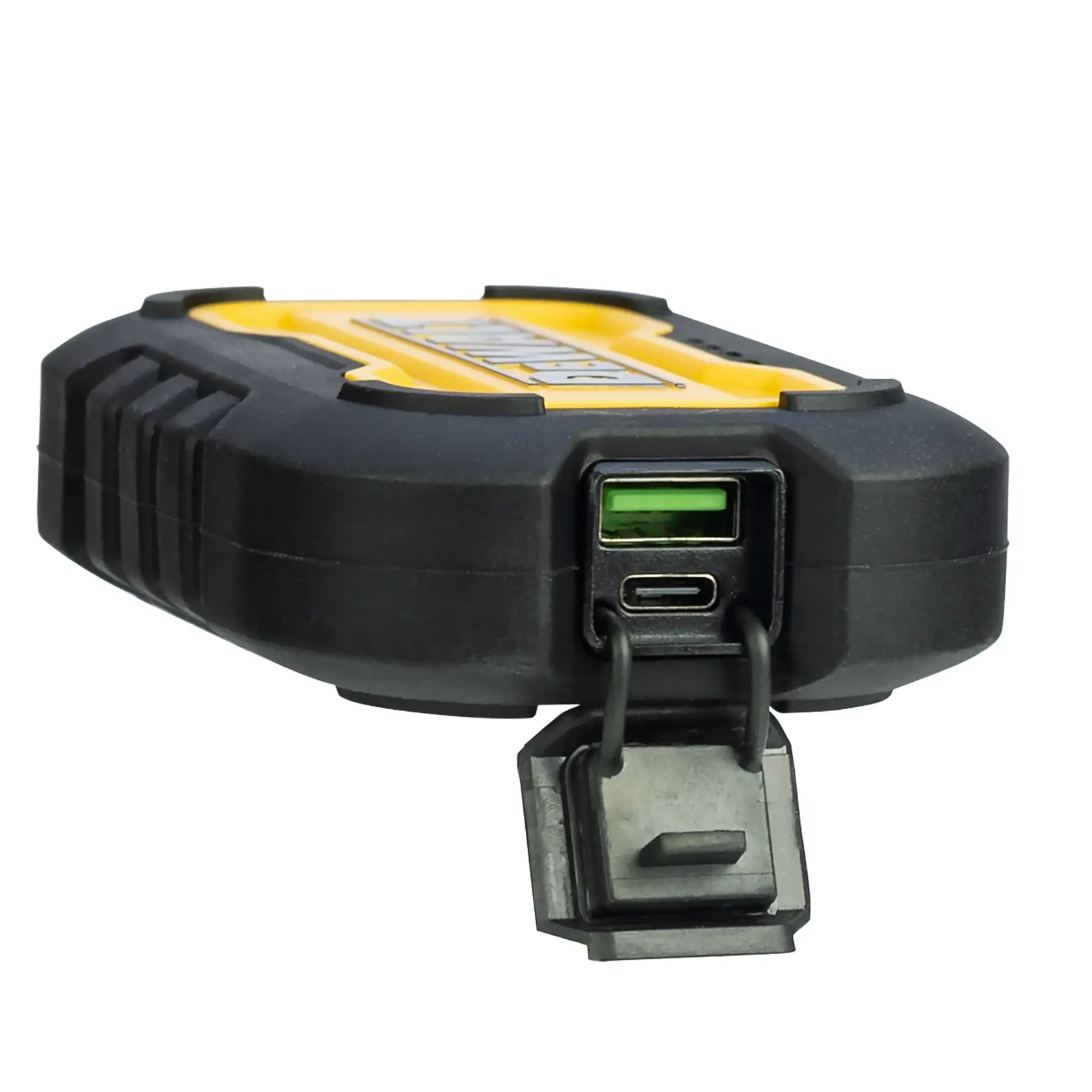 Open port cover of DEWALT 10K Powerbank showing Type C and USB ports