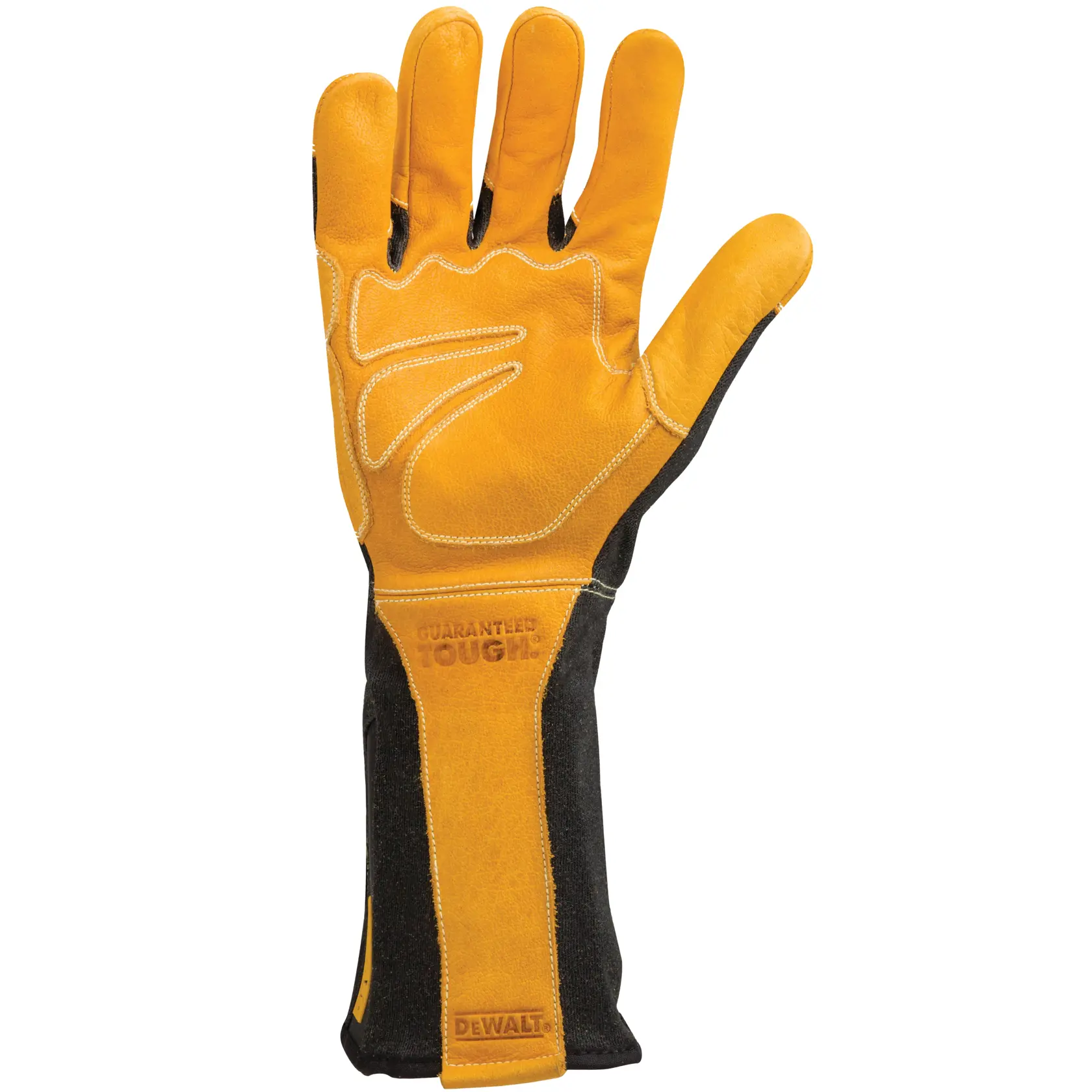 A single DEWALT branded yellow and black protective work glove with reinforced stitching, extended cuff, and the words 'GUARANTEED TOUGH' embossed on the wrist area. The glove is designed for heavy-duty tasks.
