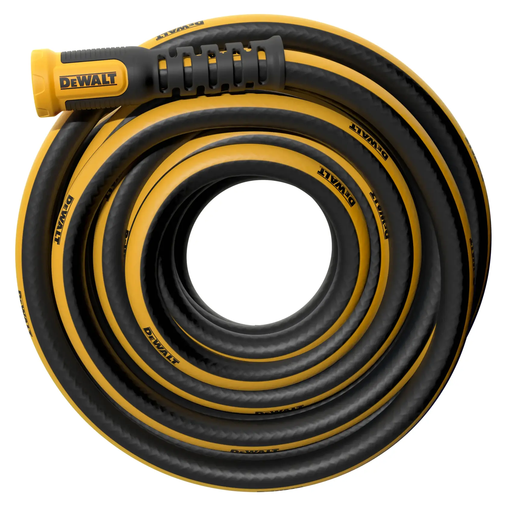 Top view of coiled DEWALT fifty-foot pro-grade hose