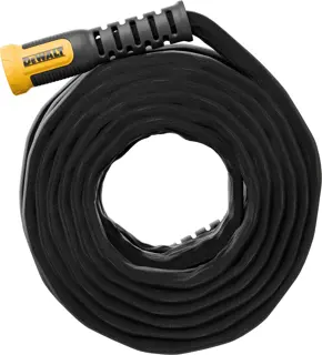 Coiled black hose with a yellow and black DEWALT-branded nozzle, shown against a white background.