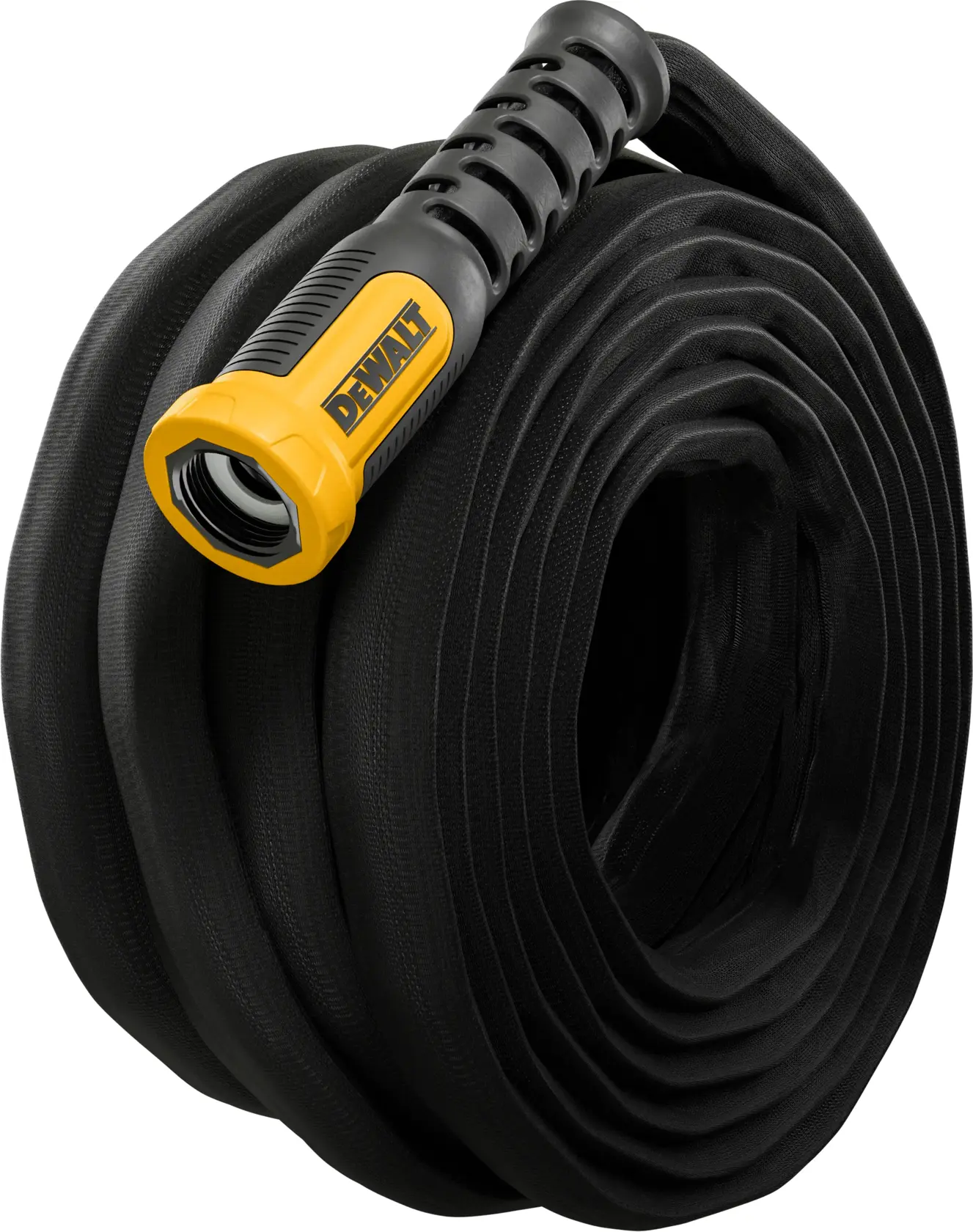 A coiled black hose with a yellow and black handle labeled DEWALT, designed for industrial or heavy-duty use.