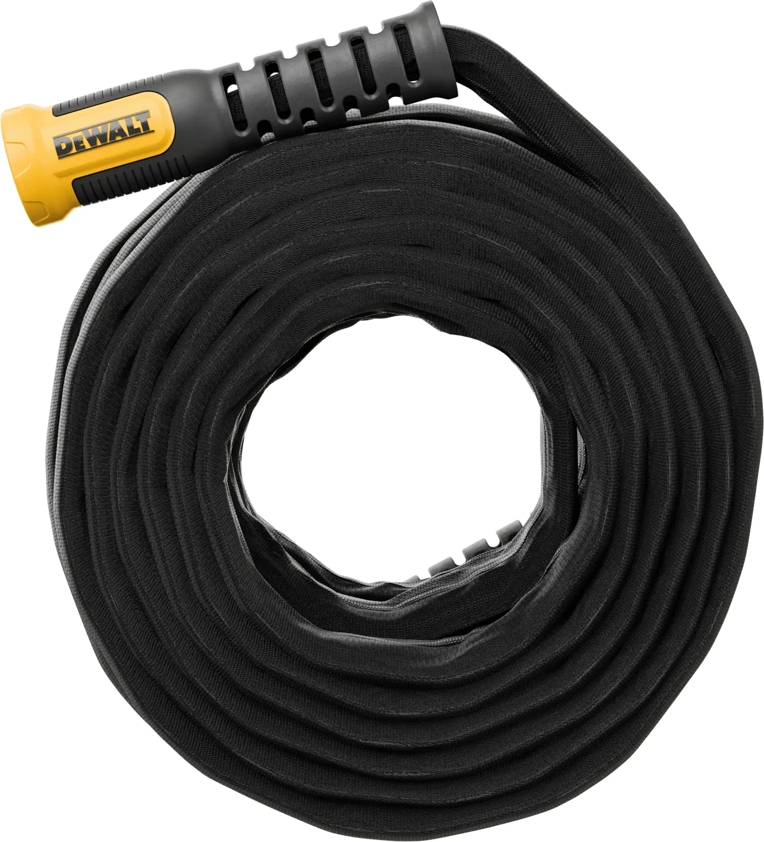 Side angle view of a black and yellow DEWALT Heavy-Duty Fabric Water Hose.