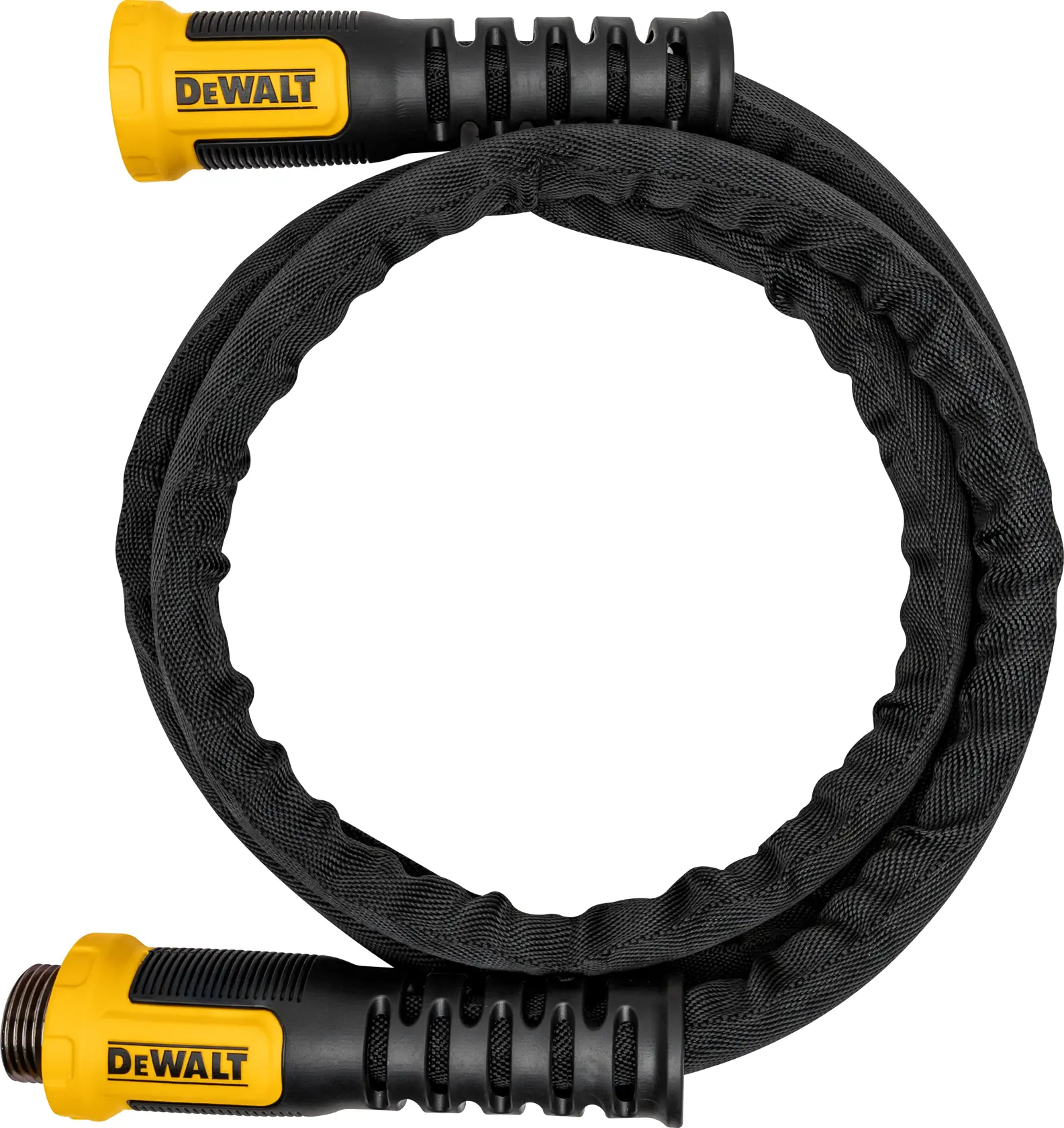 Side angle view of a black and yellow DEWALT Heavy-Duty Fabric Water Leader Hose.