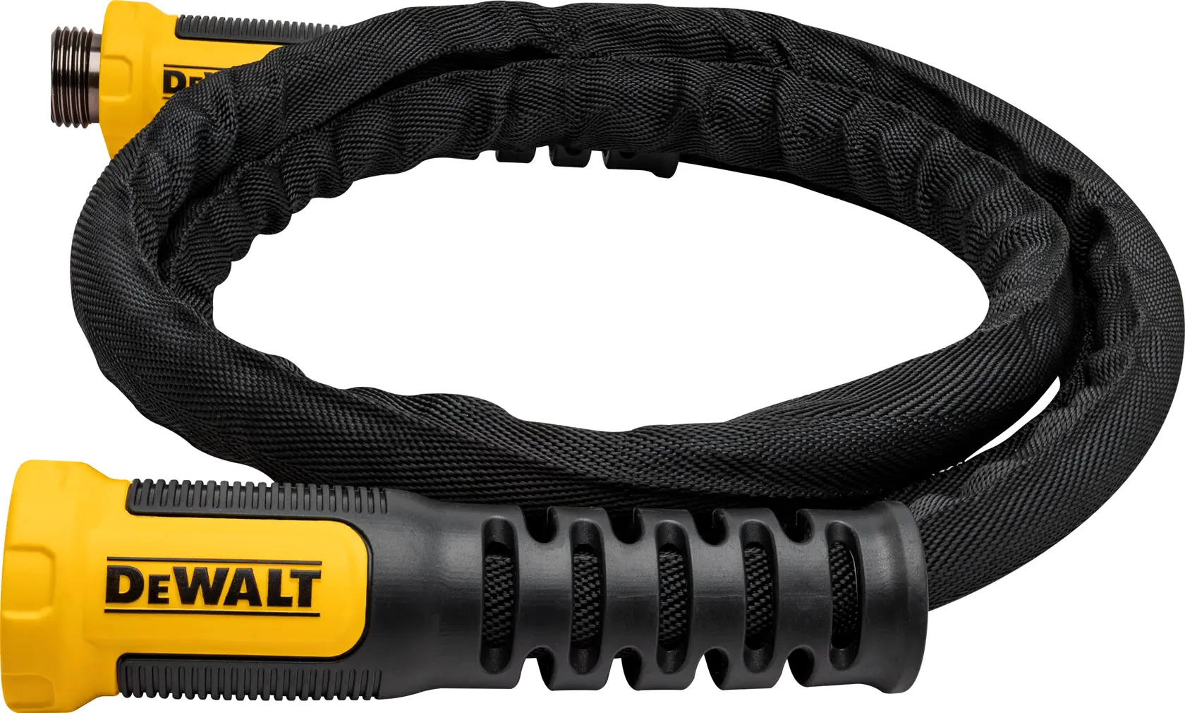 Side angle view of a black and yellow DEWALT Heavy-Duty Fabric Water Leader Hose.