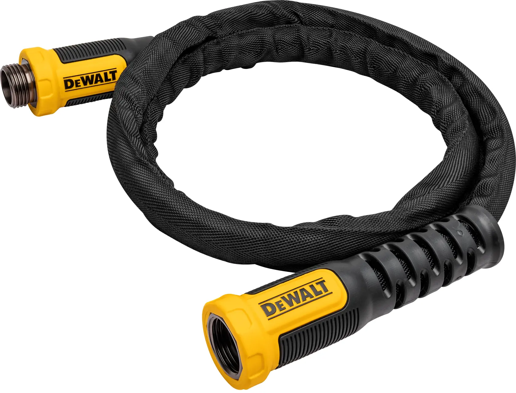 Side angle view of a black and yellow DEWALT Heavy-Duty Fabric Water Leader Hose.