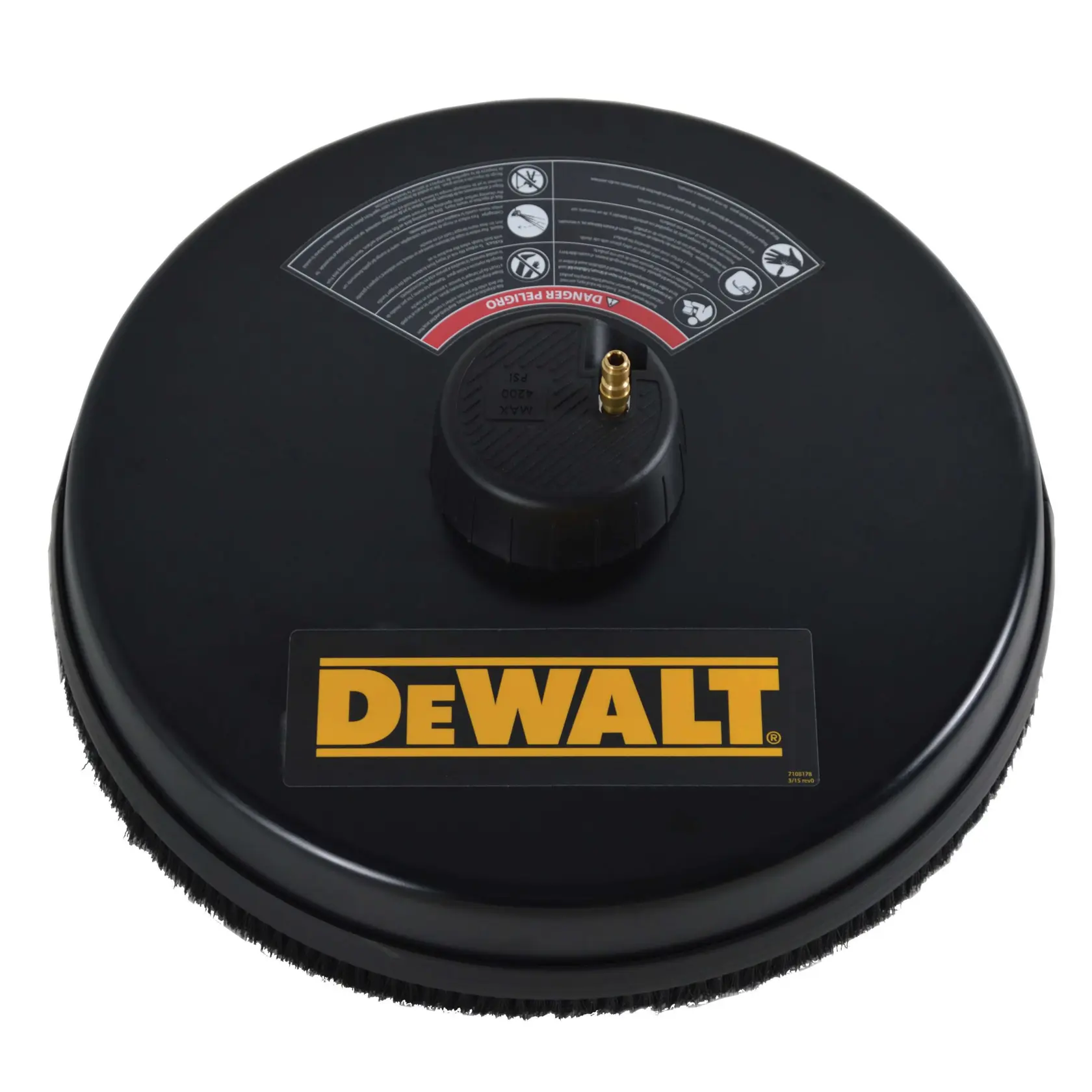 A black DEWALT surface cleaner attachment with the DEWALT logo in yellow on the front. It has a circular shape, bristles along the edge, and a connection port on the top for attaching to compatible equipment. There are also safety and instruction labels near the center.