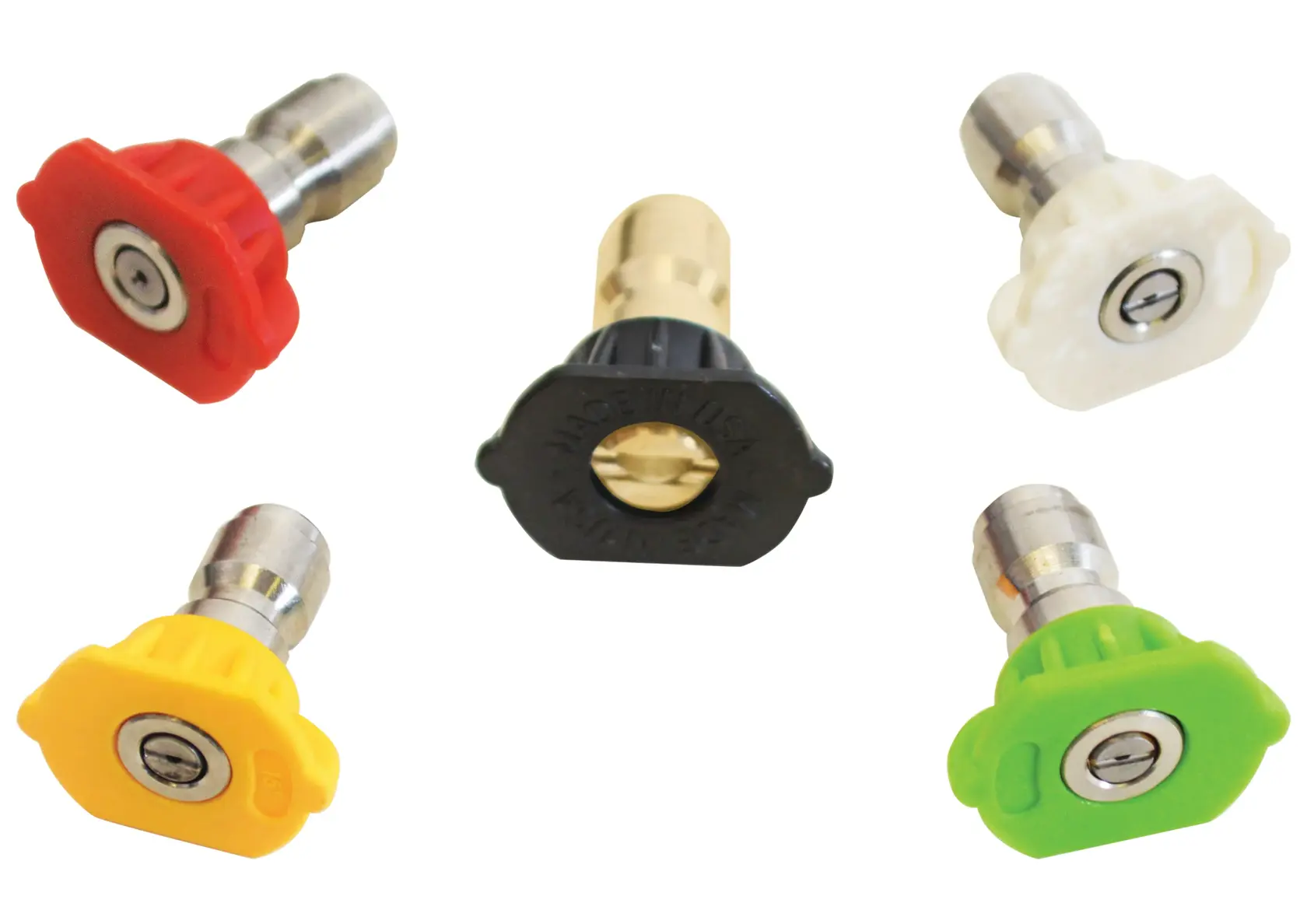 Five colored pressure washer spray nozzles with metal connectors, arranged in a circle. The colors are red, yellow, green, white, and black.