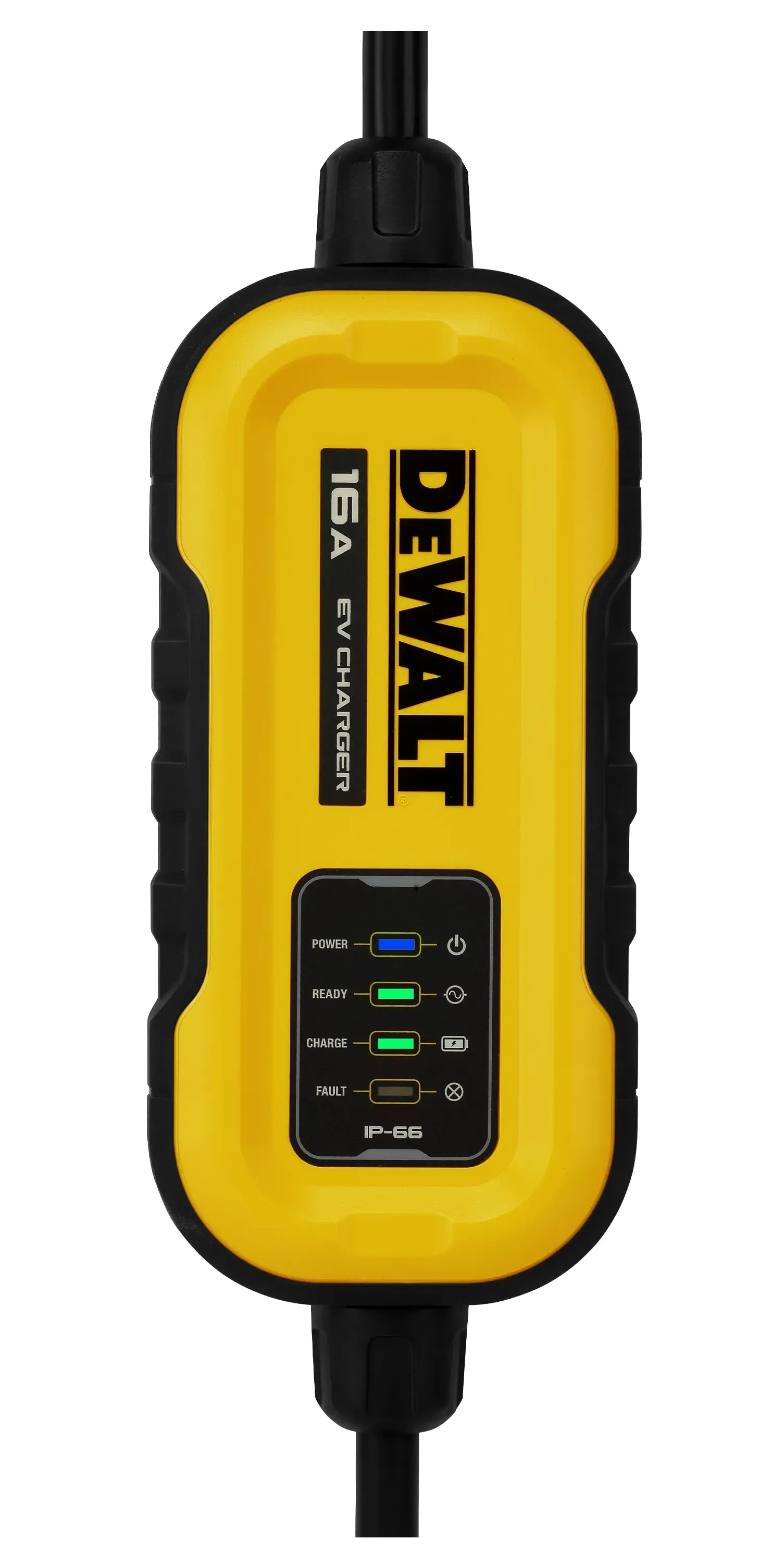 16 AMP PORTABLE ELECTRIC VEHICLE CHARGER CLOSE UP OF UNIT WITH INDICATOR LIGHTS MAIN VIEW