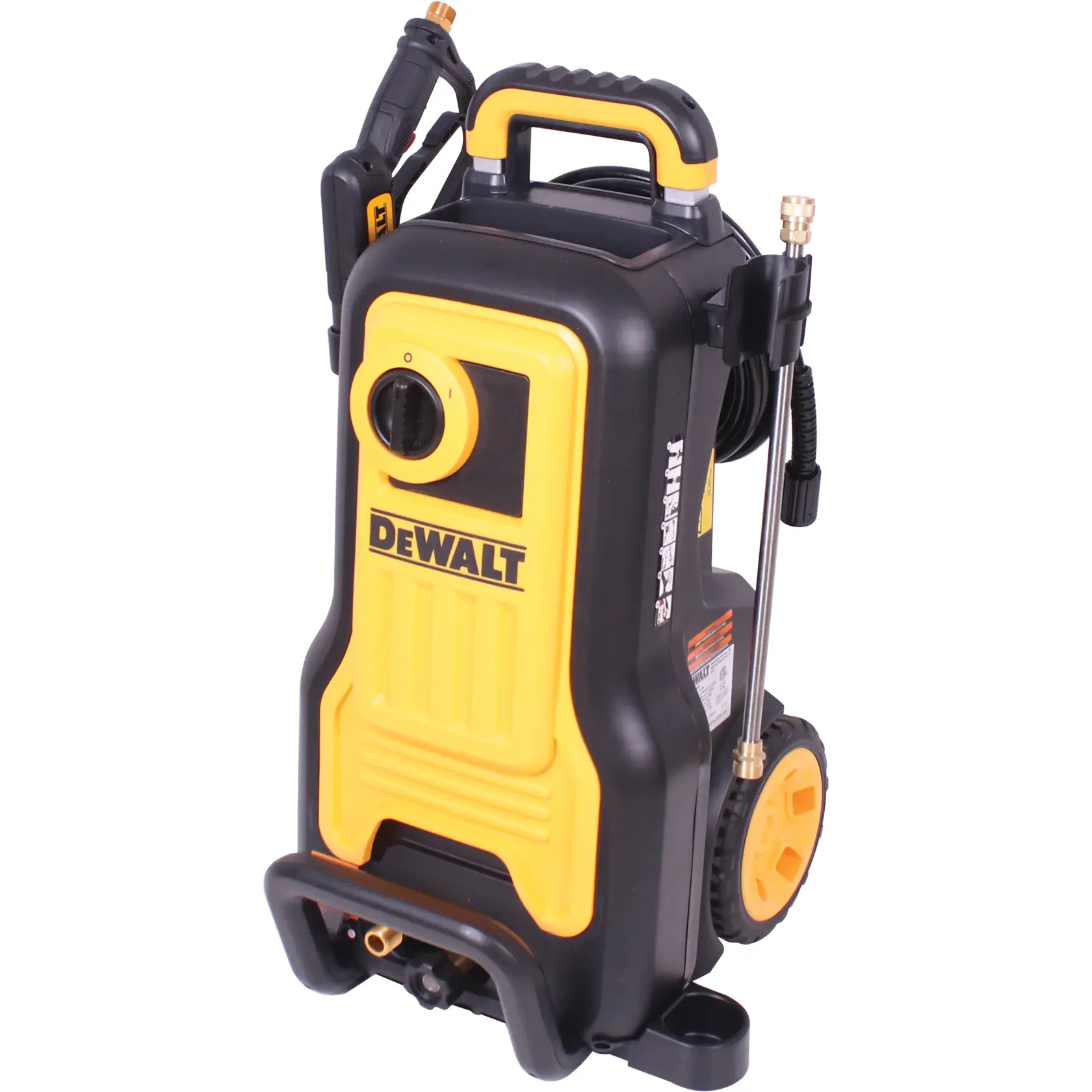 45-degree left-facing front view of DeWalt pressure washer with handle down