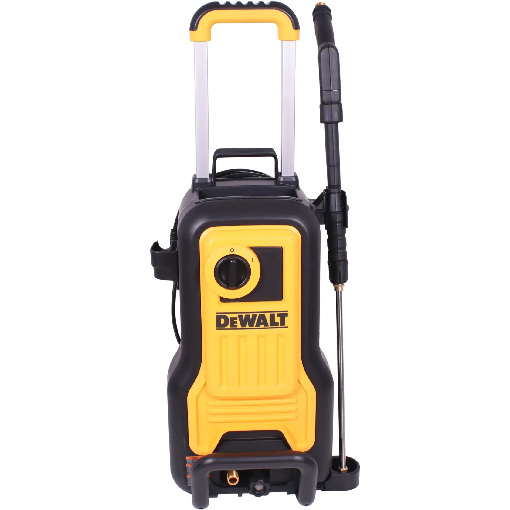 Front view of DeWalt pressure washer with handle up