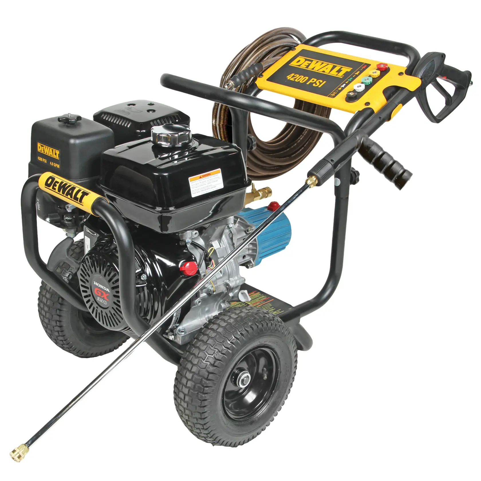 A DEWALT 4200 PSI gas-powered pressure washer with large wheels, a long spray wand, a hose coiled on the frame, and a control panel on the handle. The engine is labeled Honda GX390.