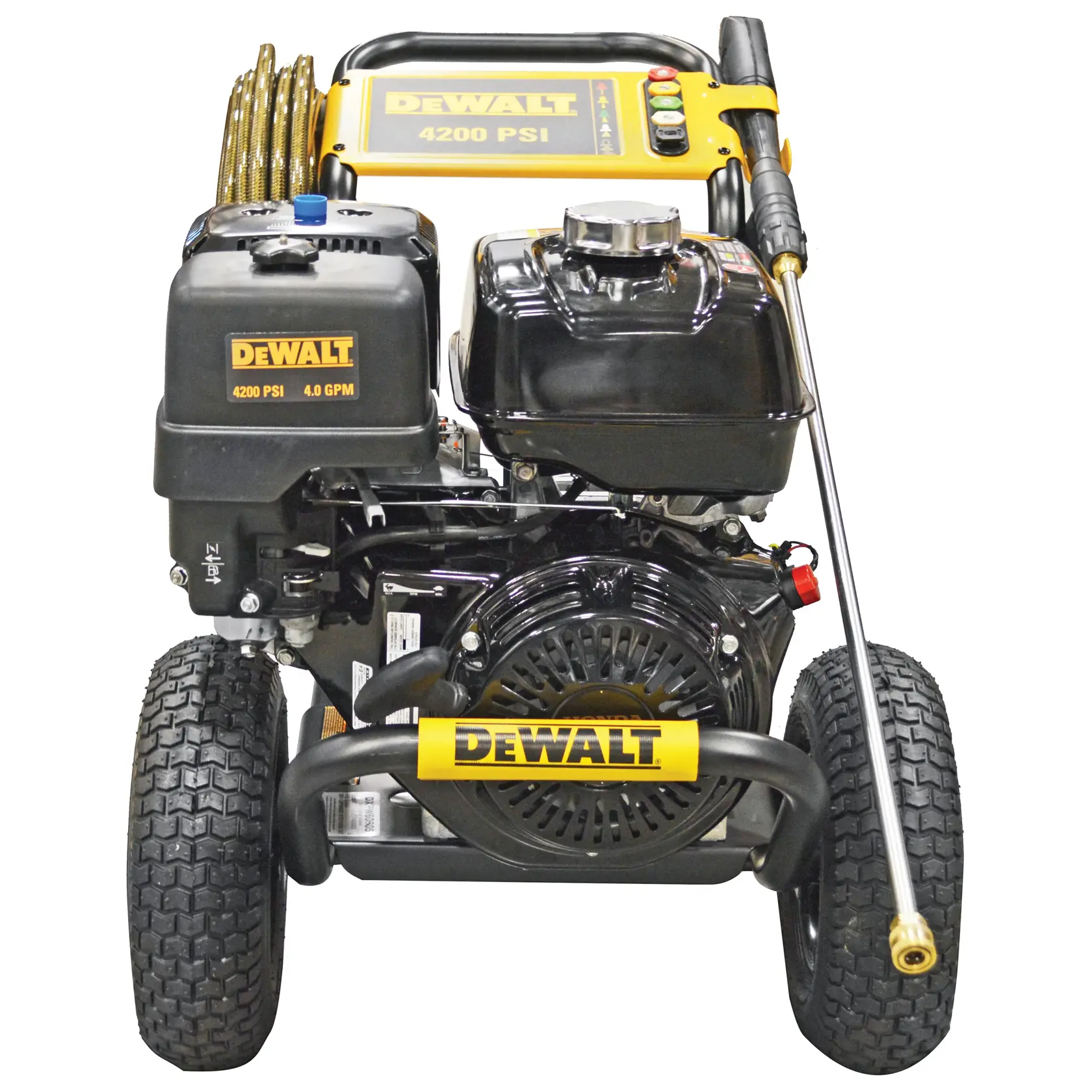 Front view of a DEWALT DXPW60605 gas-powered pressure washer with 4200 PSI, featuring large wheels, a hose, and a spray wand.