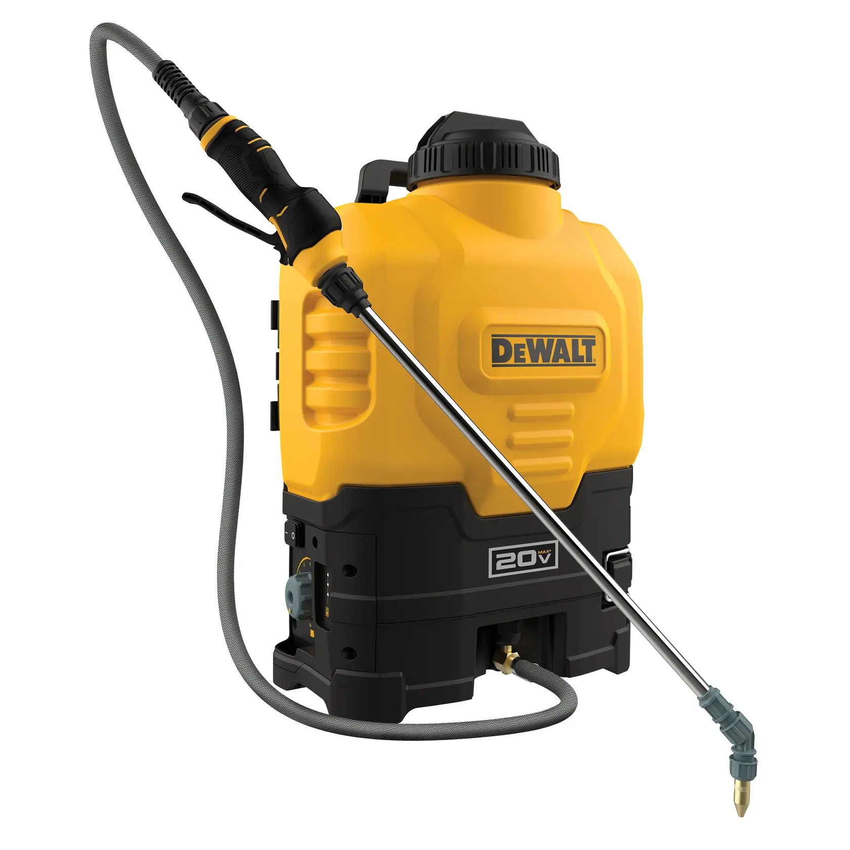 A yellow and black DeWalt 20V battery-powered backpack sprayer with a hose and spray wand attached, designed for gardening and landscaping applications.