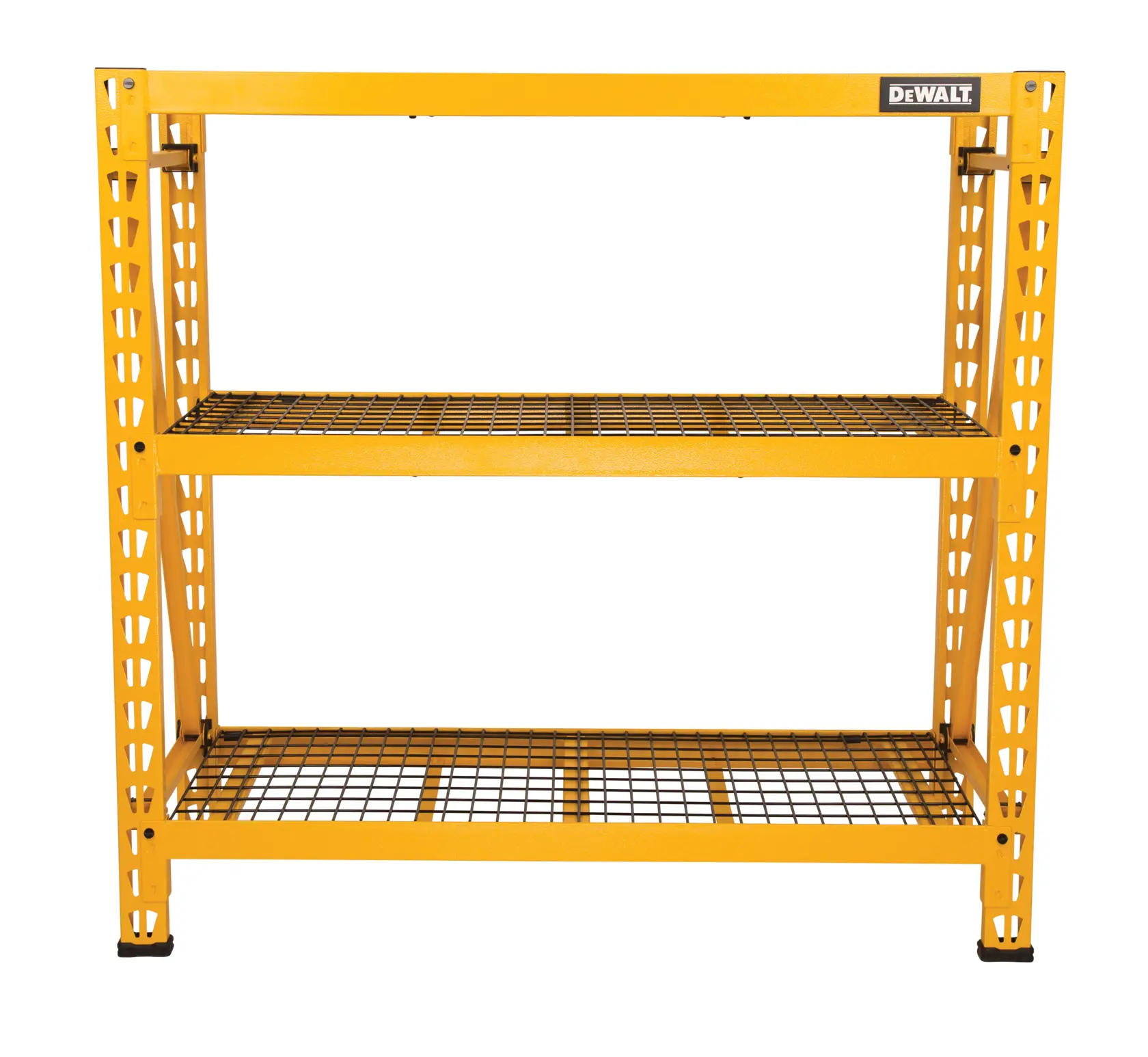 A yellow metal shelving unit with three wire shelves, branded with the DEWALT logo, designed for heavy-duty storage.