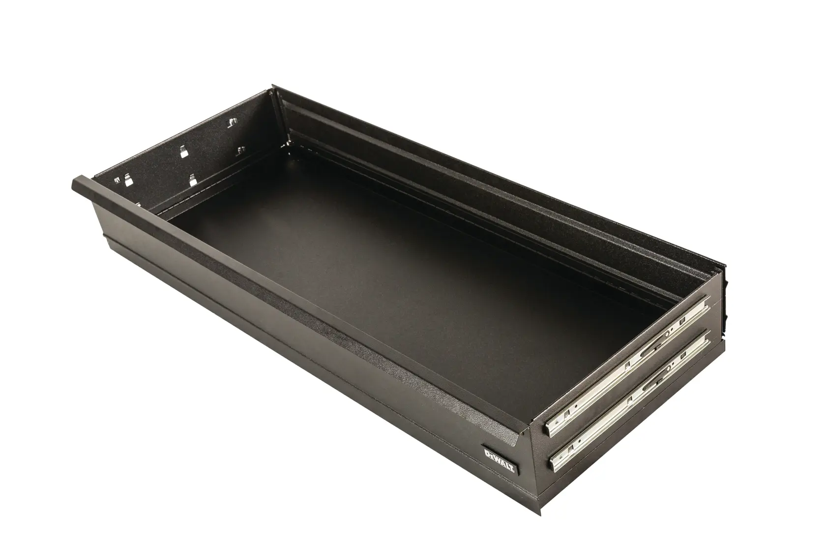 A black metal sliding drawer with side rails, designed for storage and mounting, shown from an angled perspective on a white background.