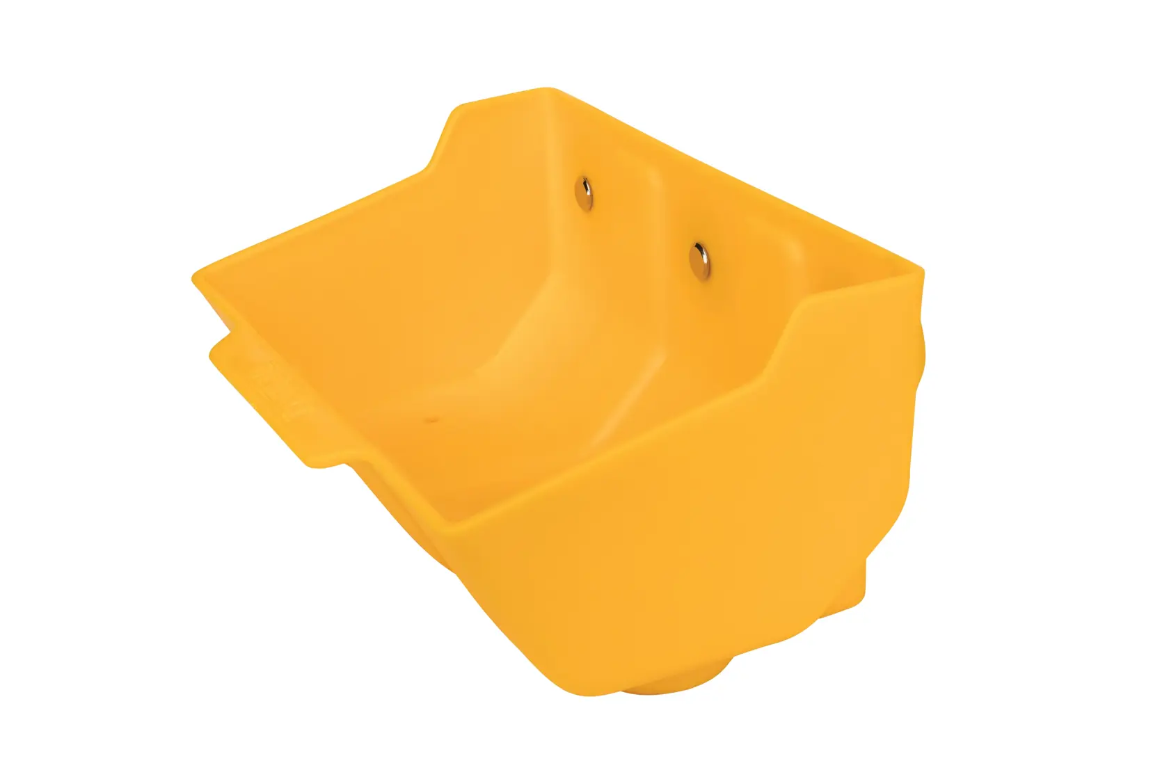 A bright yellow plastic storage bin with raised sides and two mounting holes, shown against a white background.