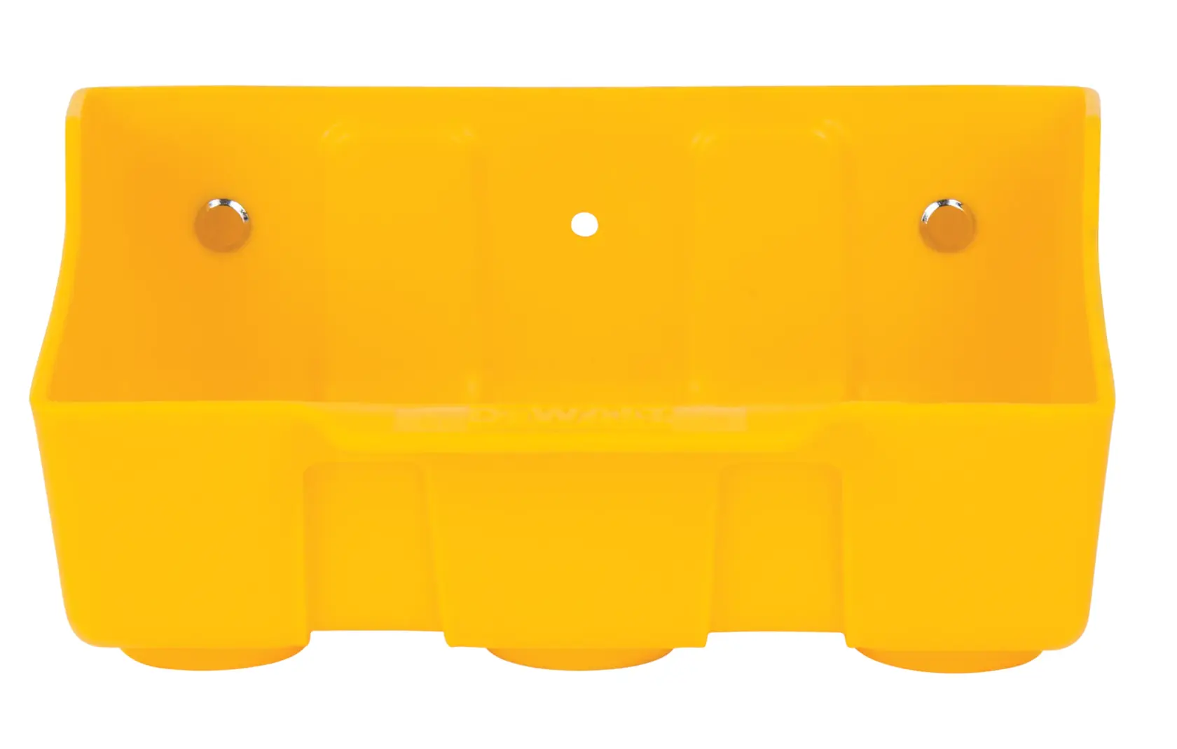A yellow DEWALT plastic storage bin with three compartments and mounting holes for wall installation, shown from the front.