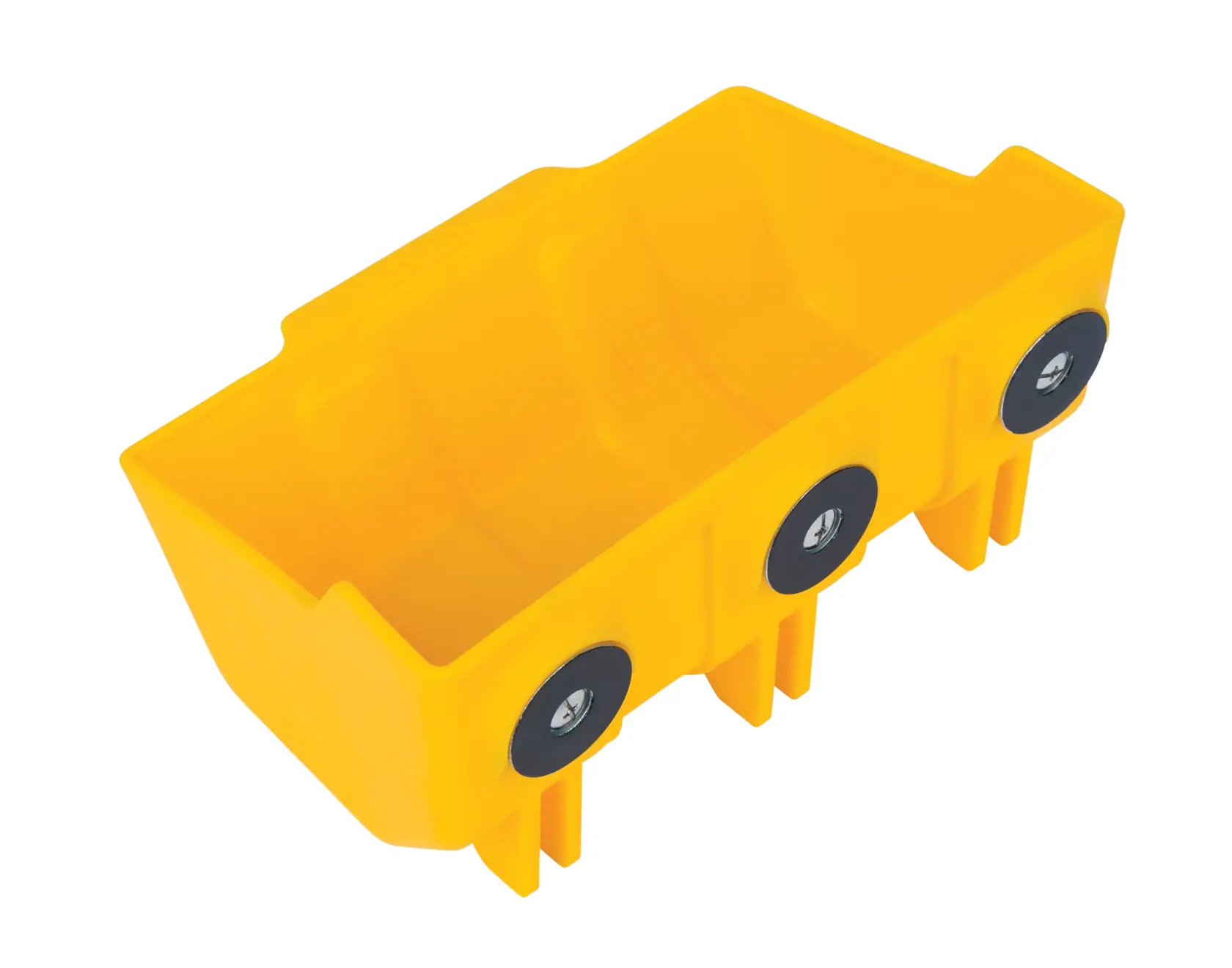 A yellow plastic storage bin with three black magnets attached to one side, designed for holding small tools or parts.