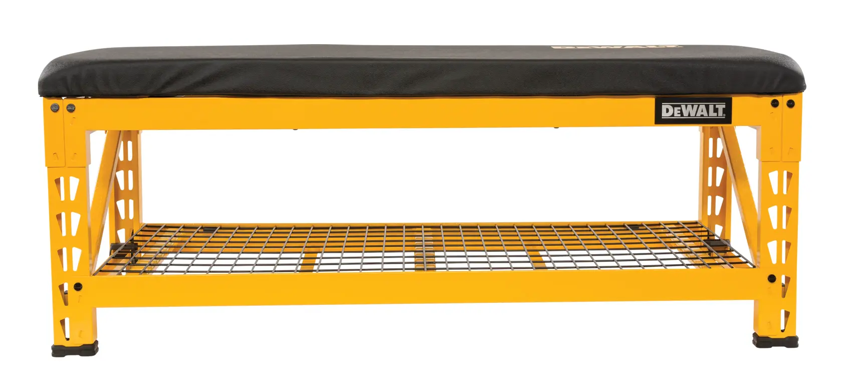 A yellow DEWALT branded workbench with a black cushioned top and a metal wire shelf underneath.