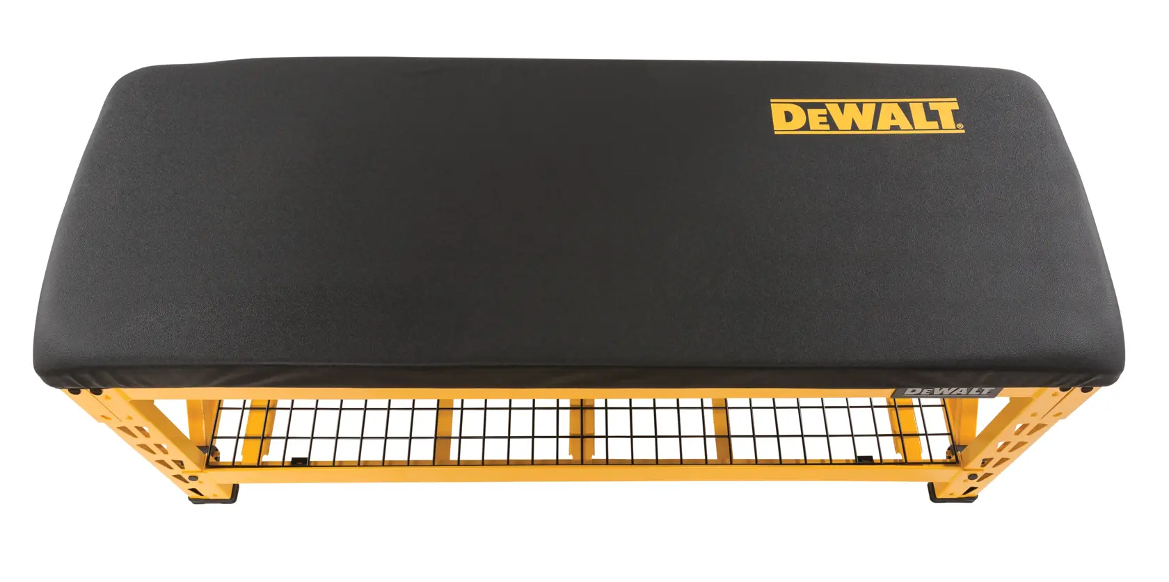 A DEWALT branded padded bench with a black cushion top and yellow metal frame, viewed from above. The bench has a lower wire shelf for storage.