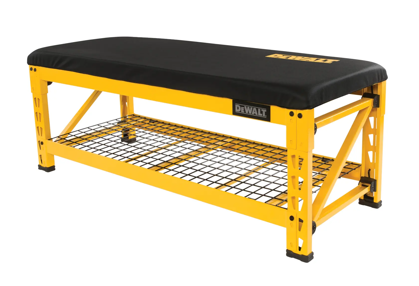 A DEWALT-branded workbench with a yellow metal frame, a black cushioned top, and a wire mesh storage shelf underneath.