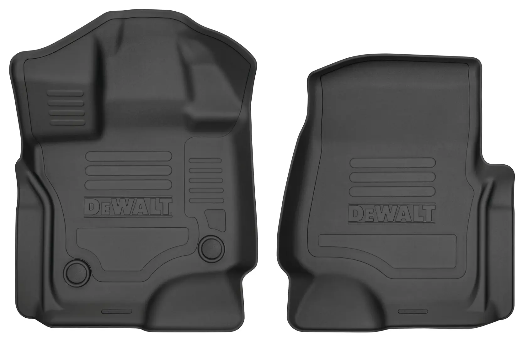A pair of black DEWALT branded molded rubber car floor mats, designed to fit the front driver and passenger sides. The mats have raised edges and grooves for trapping dirt and debris.
