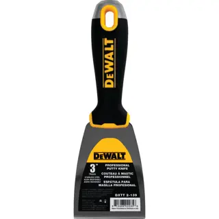 A DEWALT professional putty knife with a black and yellow handle, the blade is labeled as 3 inches (76mm), made of stainless steel, and suitable for applying or smoothing putty.