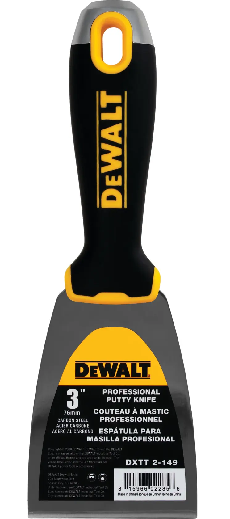 A DEWALT professional putty knife with a black and yellow handle and a 3-inch carbon steel blade. The product is labeled with text in English, French, and Spanish. SKU: DXTT-2-149.