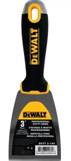 A DEWALT professional putty knife with a black and yellow handle and a 3-inch carbon steel blade. The product is labeled with text in English, French, and Spanish. SKU: DXTT-2-149.