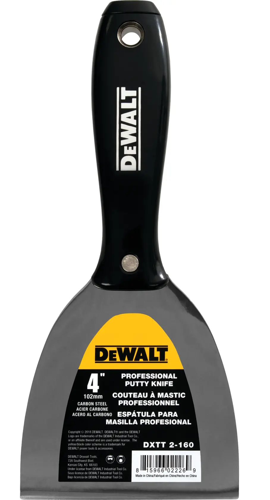 A DEWALT professional putty knife with a black handle and a 4-inch carbon steel blade. The product label displays details in English, French, and Spanish, and includes the SKU DXTT-2-160.