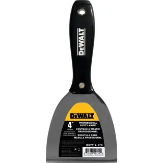 A DEWALT professional putty knife with a black handle and a stainless steel blade. The label on the blade displays information about the product, including its size (4 inches, 102mm), and the SKU DXTT-2-170.