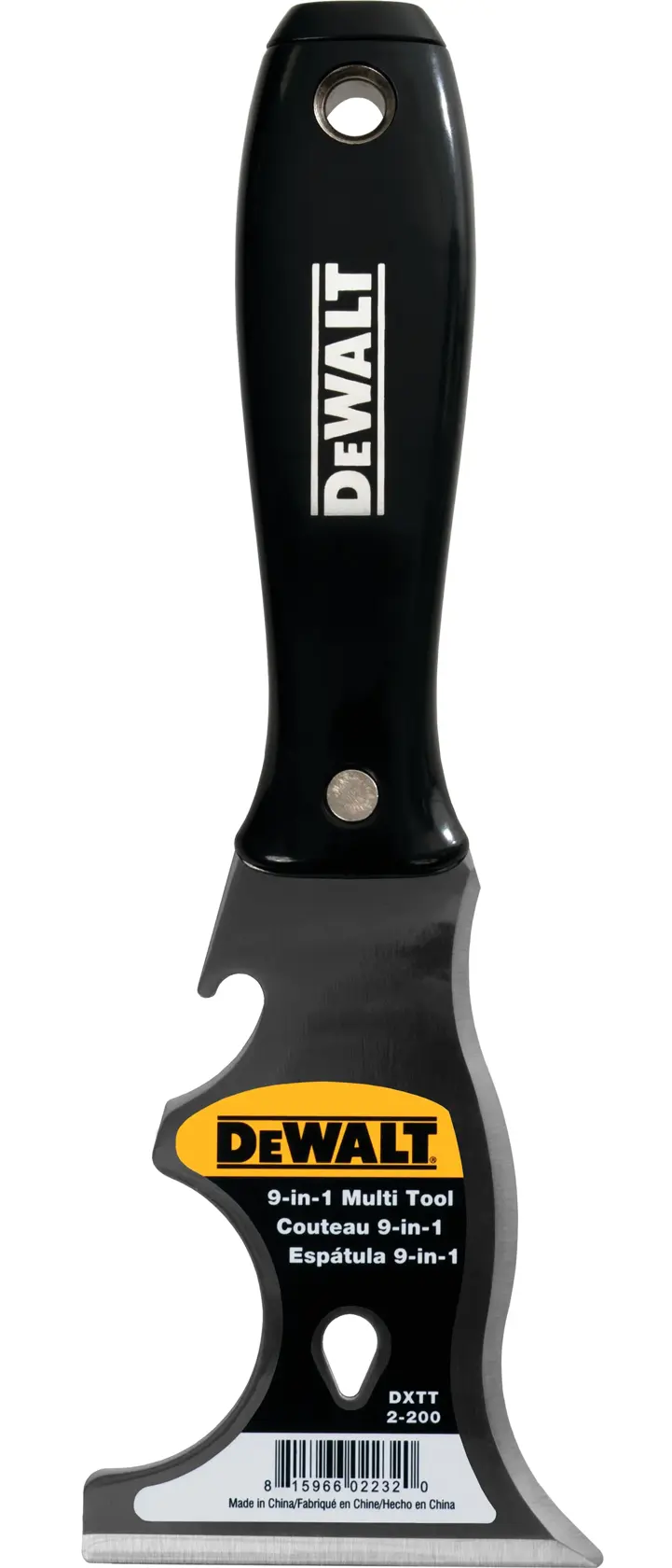A DEWALT 9-in-1 multi tool with a black handle and metal blade, SKU DXTT-2-200, designed for various tasks such as scraping and cutting.