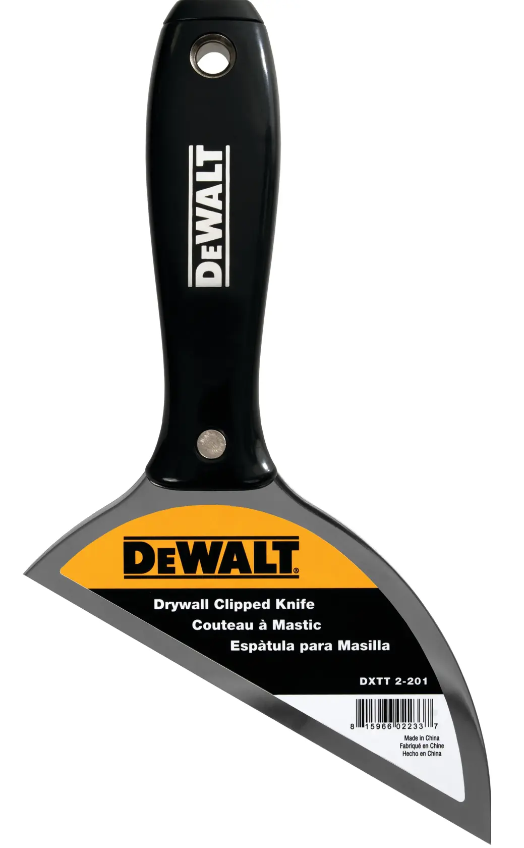 A DEWALT drywall clipped knife with a black handle and a wide, angular metal blade. The label on the blade reads 'DEWALT Drywall Clipped Knife, Couteau à Mastic, Espátula para Masilla, DXTT 2-201'.