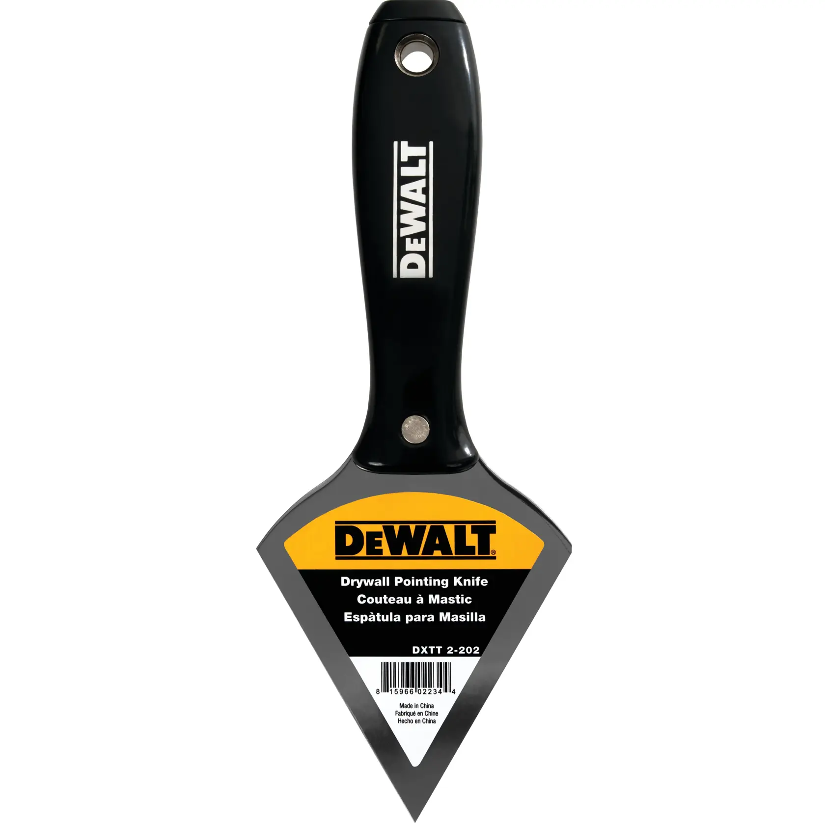 A DEWALT drywall pointing knife with a black handle and a triangular blade. The product label is attached to the blade and displays the DEWALT brand, product description in English, French, and Spanish, and the SKU DXTT 2-202.