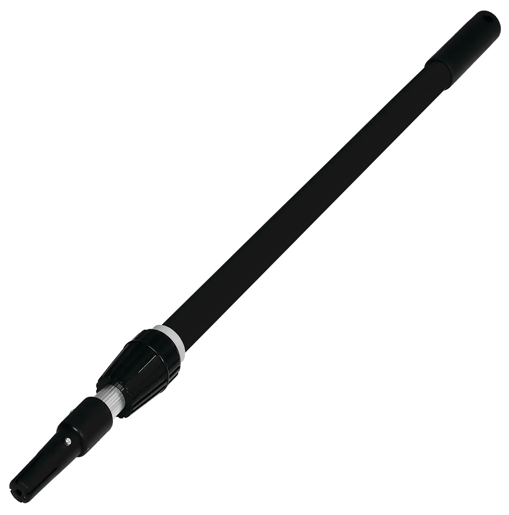 A black telescoping extension pole with threaded ends, designed for use with photography or construction accessories.