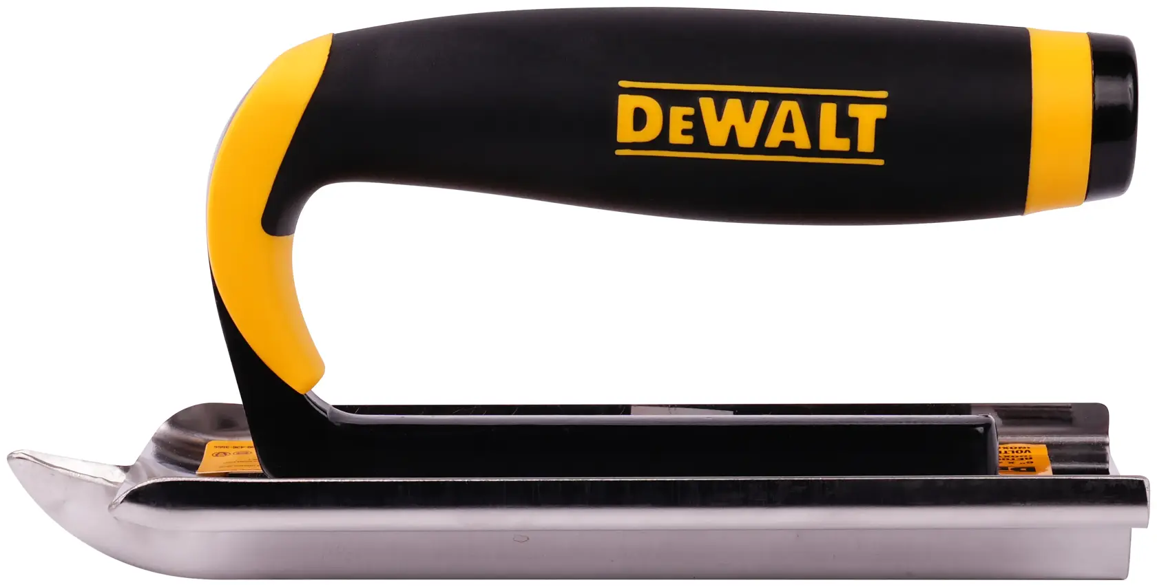 A DEWALT drywall corner tool with a black and yellow ergonomic handle and a stainless steel blade for finishing inside corners.