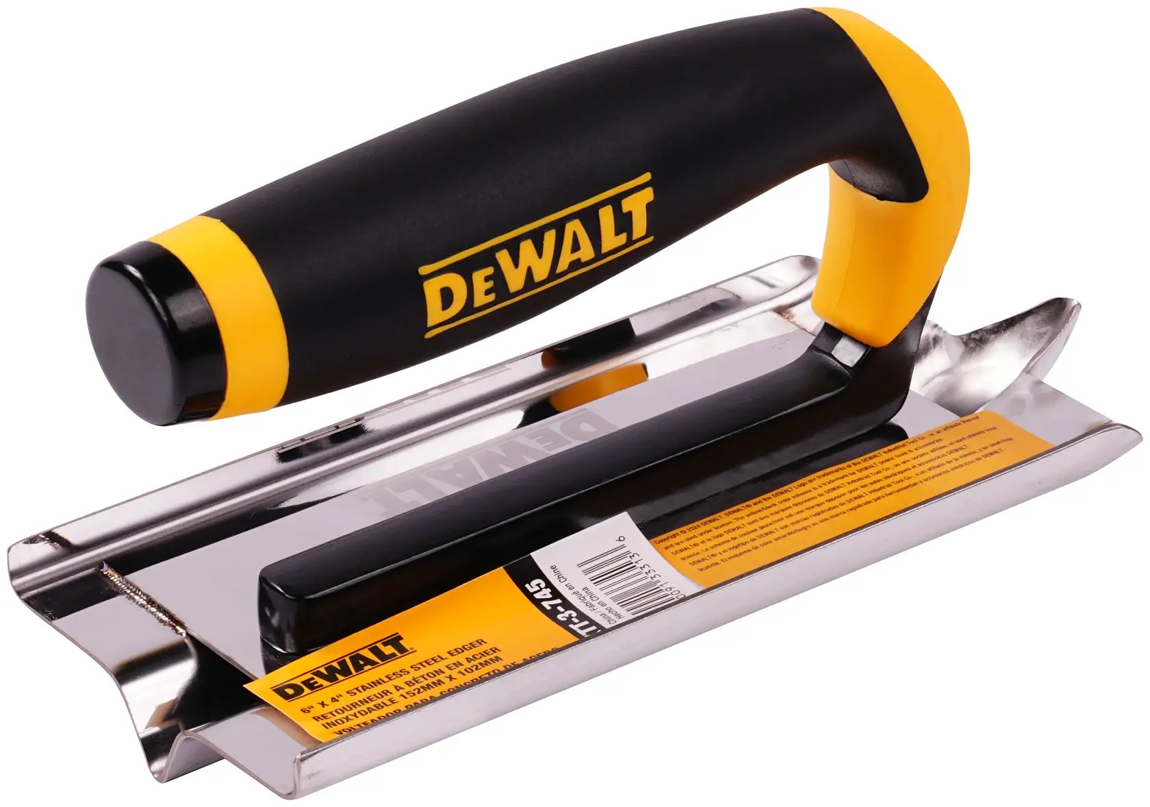 A DEWALT stainless steel edger tool with a black and yellow ergonomic handle, designed for professional finishing of concrete edges.