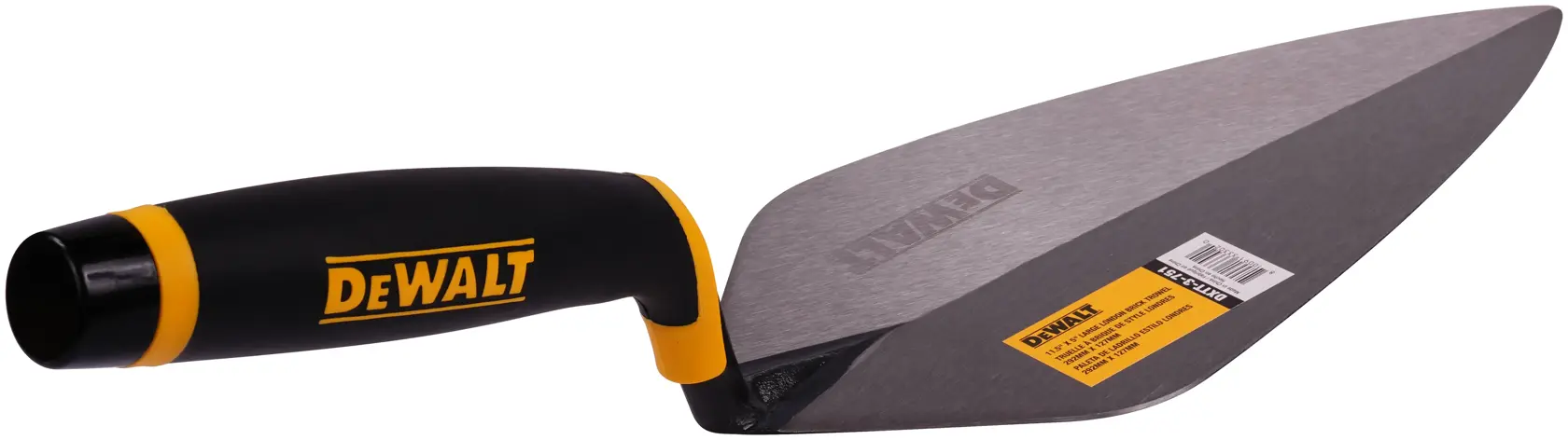 A DEWALT masonry trowel with a black and yellow ergonomic handle and a pointed steel blade, shown against a white background.