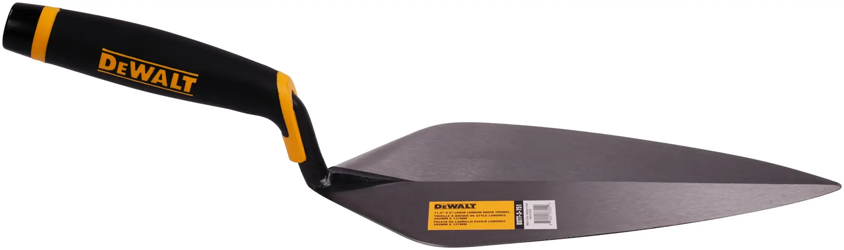 A DEWALT brick trowel with a black and yellow handle and a wide, flat metal blade, photographed on a white background.