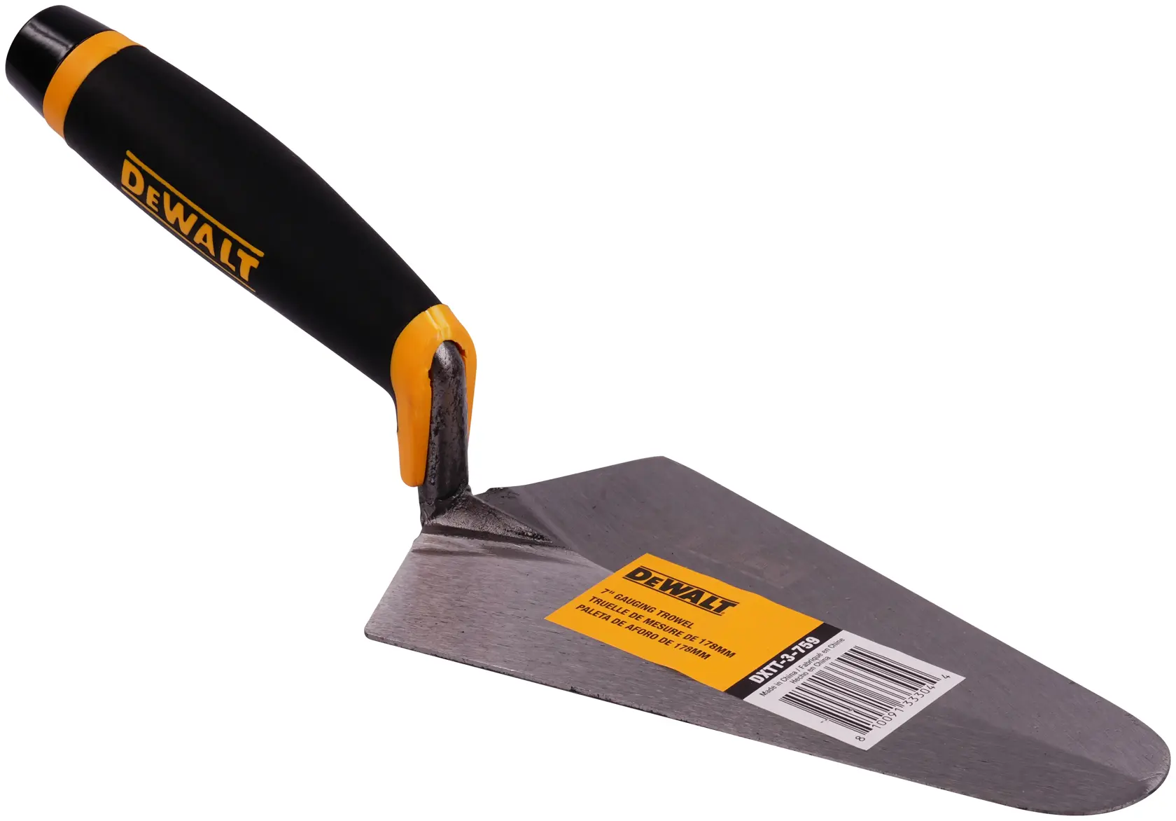 A DEWALT brick trowel with a black and yellow ergonomic handle and a triangular steel blade. The trowel has a DEWALT label and barcode sticker on the blade.