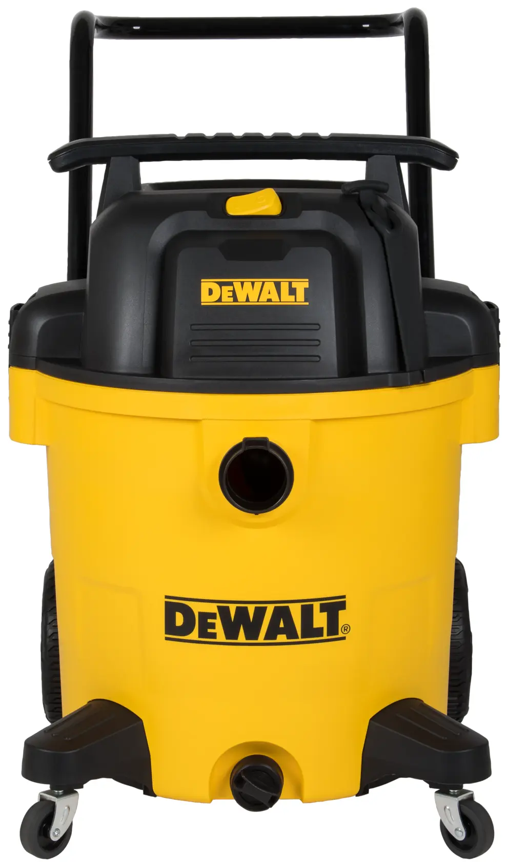 A DEWALT DXV16PA wet/dry shop vacuum with a yellow and black body, large rear wheels, and a sturdy handle for portability.