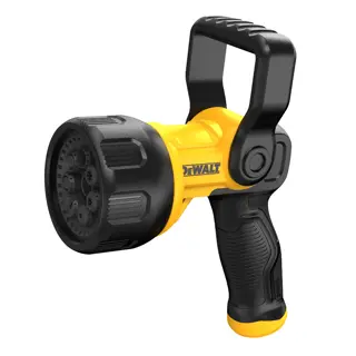 Side portrait view of a black and yellow DEWALT seven-pattern hydrocannon nozzle.