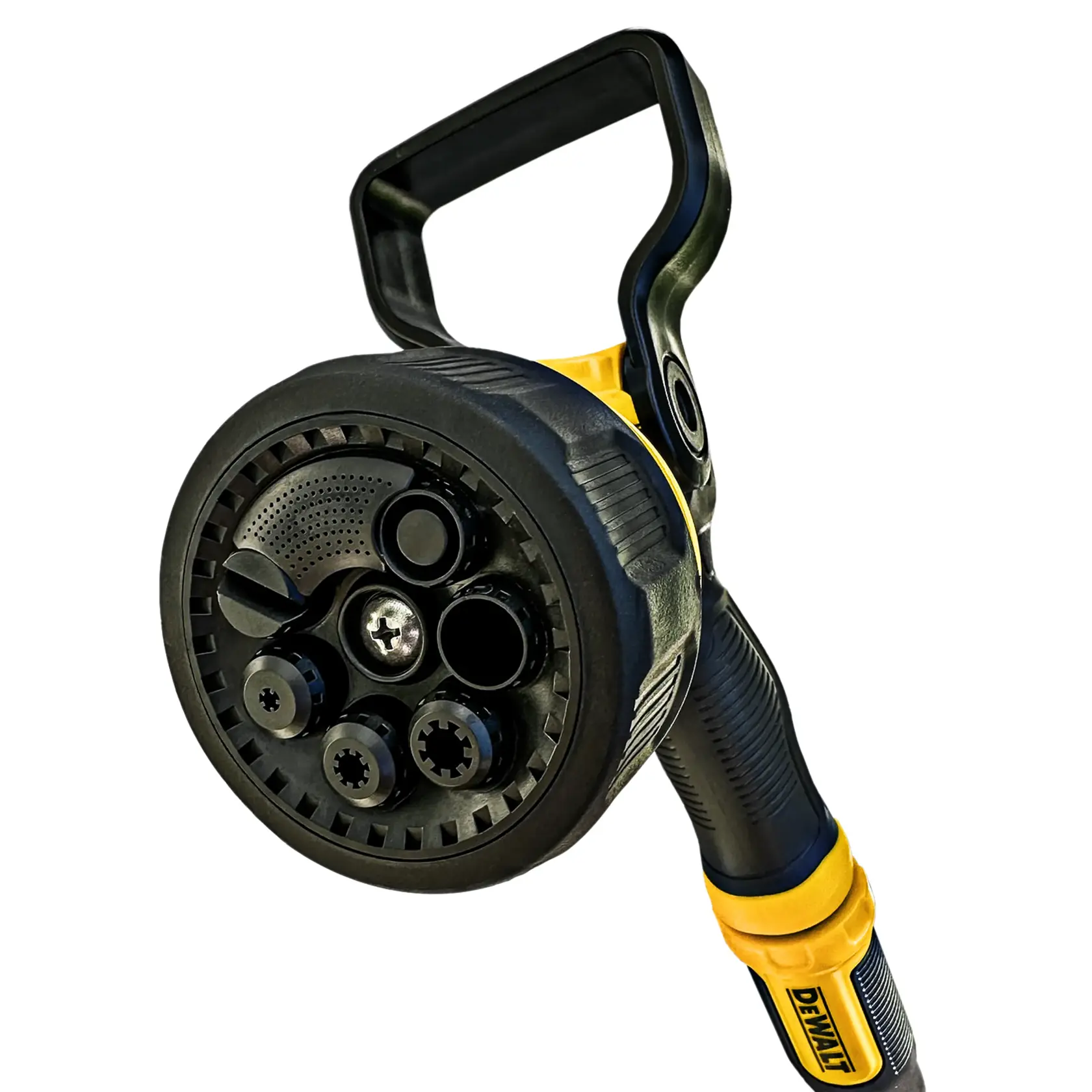 Front angled view of a black and yellow DEWALT seven-pattern hydrocannon nozzle, with DEWALT fifty-foot pro-grade hose coupling attached. Close-up view of the seven spray patterns.