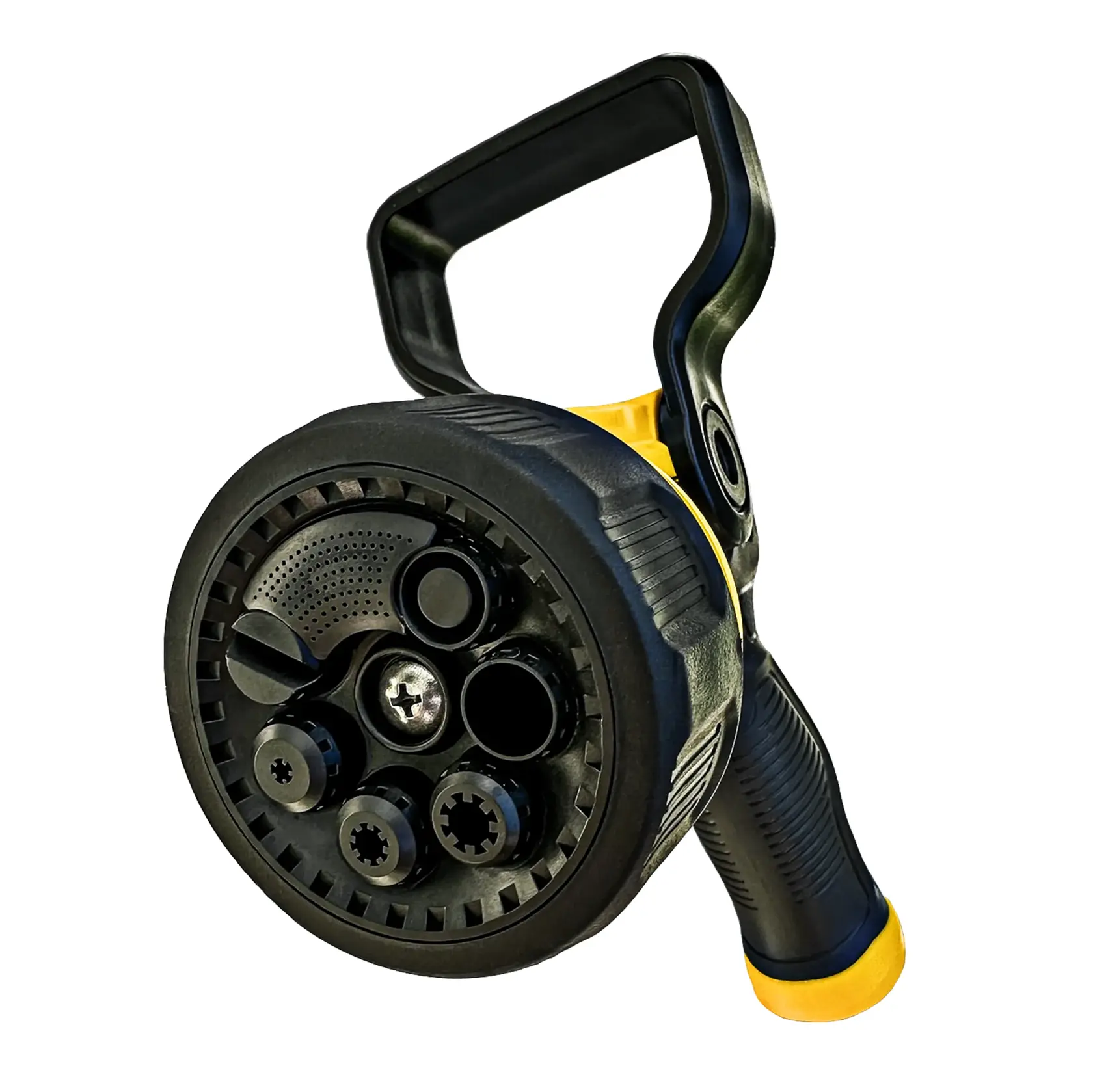 Front angled view of a black and yellow DEWALT seven-pattern hydrocannon nozzle. Close-up view of the seven spray patterns.