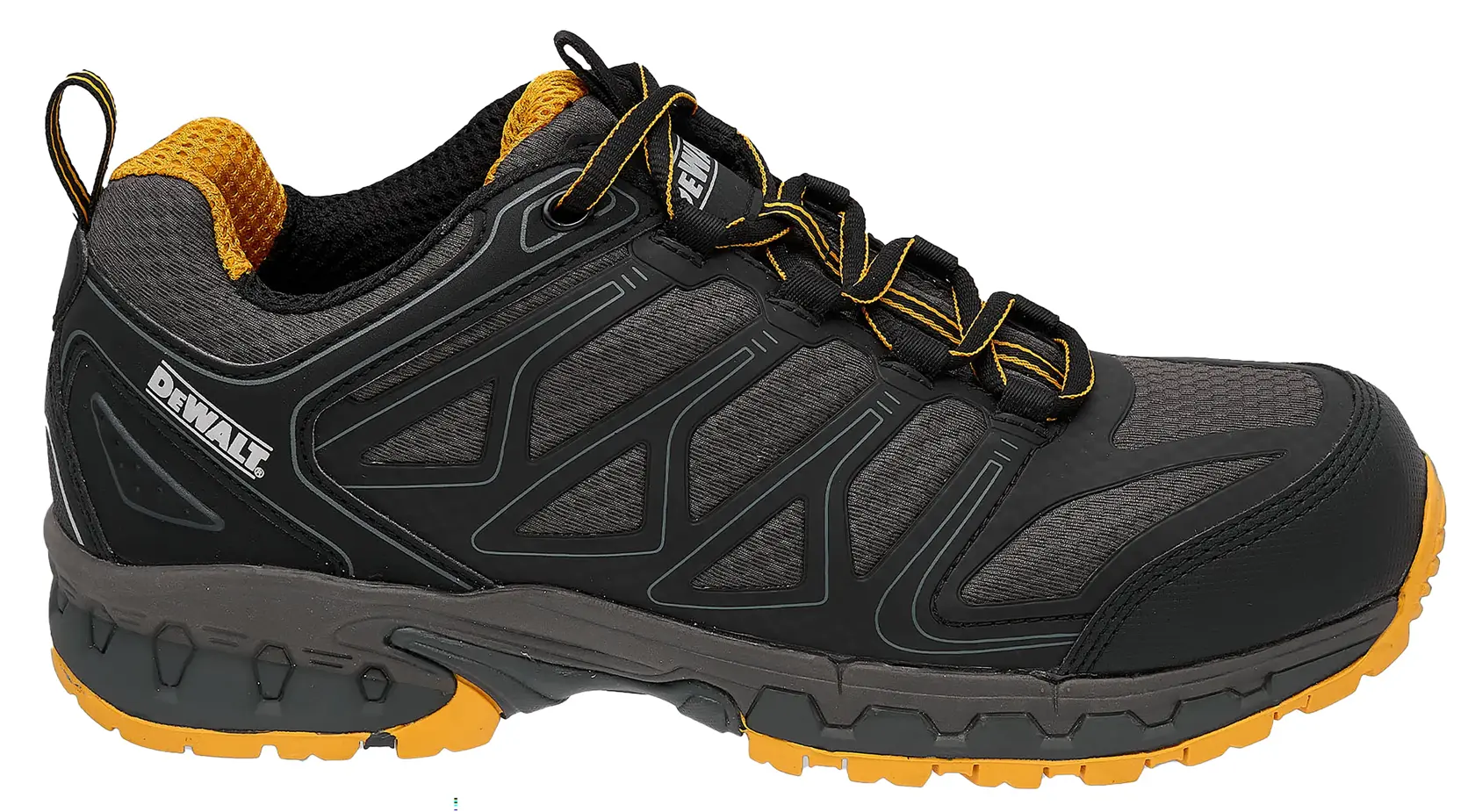 A DEWALT branded work shoe in black and grey, featuring a rugged sole and yellow accents, designed for durability and comfort.