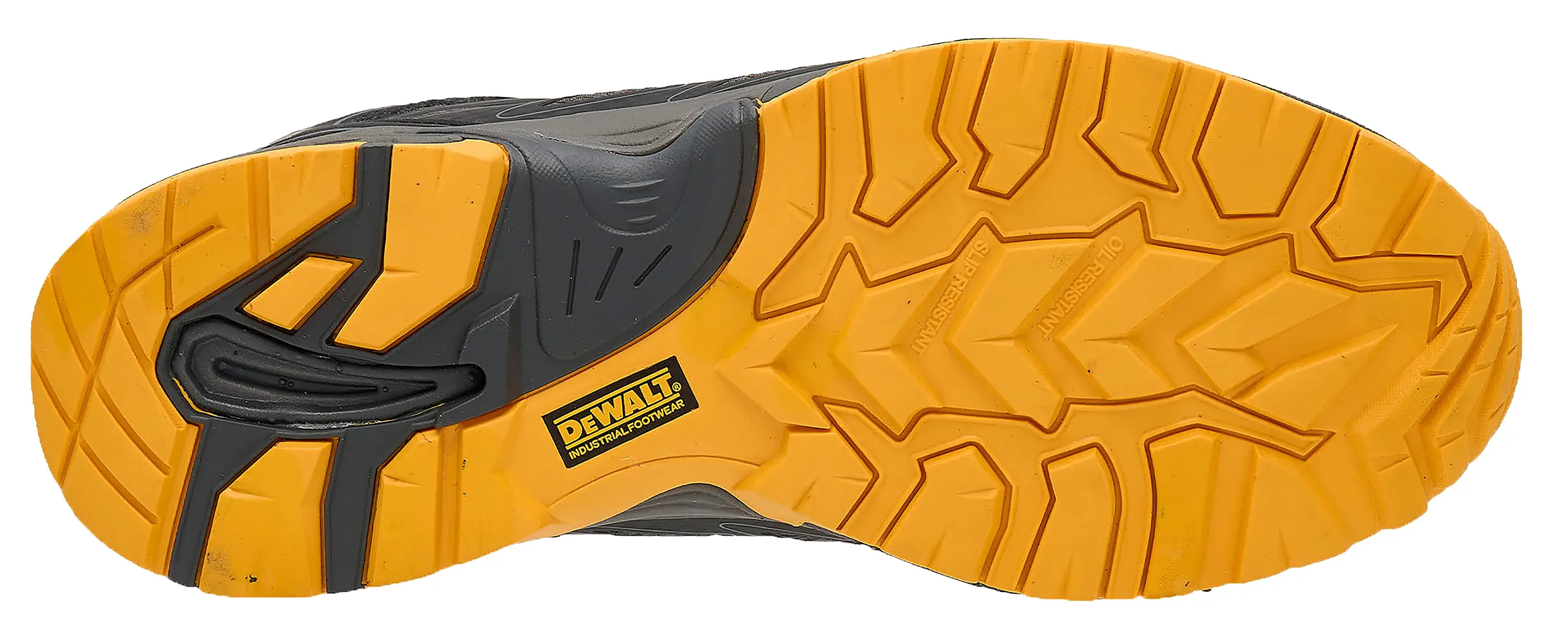 Sole view facing right of the DEWALT Boron Safety Toe Work Shoe in black/yellow