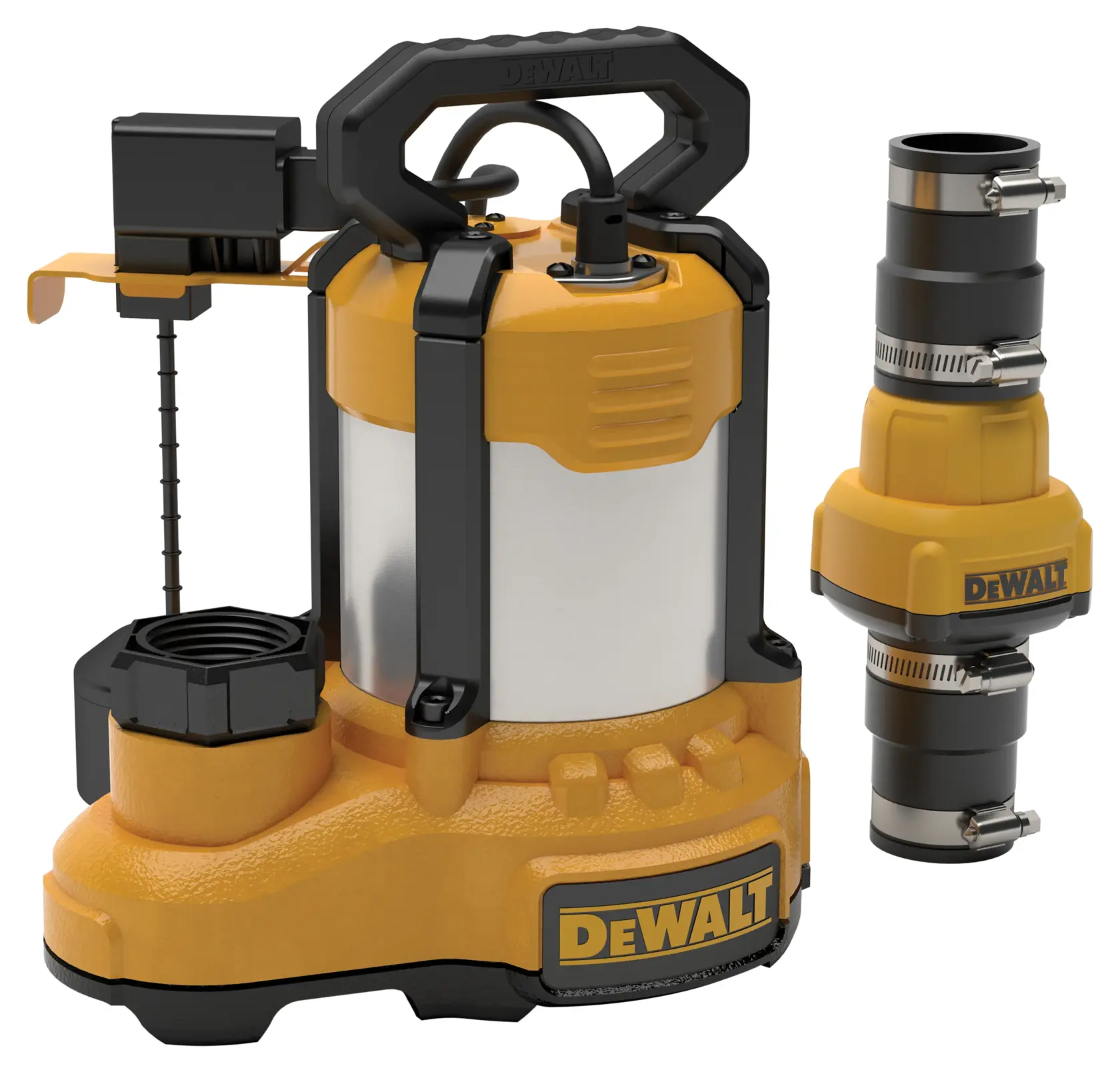 A DEWALT branded submersible water pump with a sturdy handle, yellow and black design, and a connecting adapter with clamps. The pump is made for efficient water removal and includes visible branding.